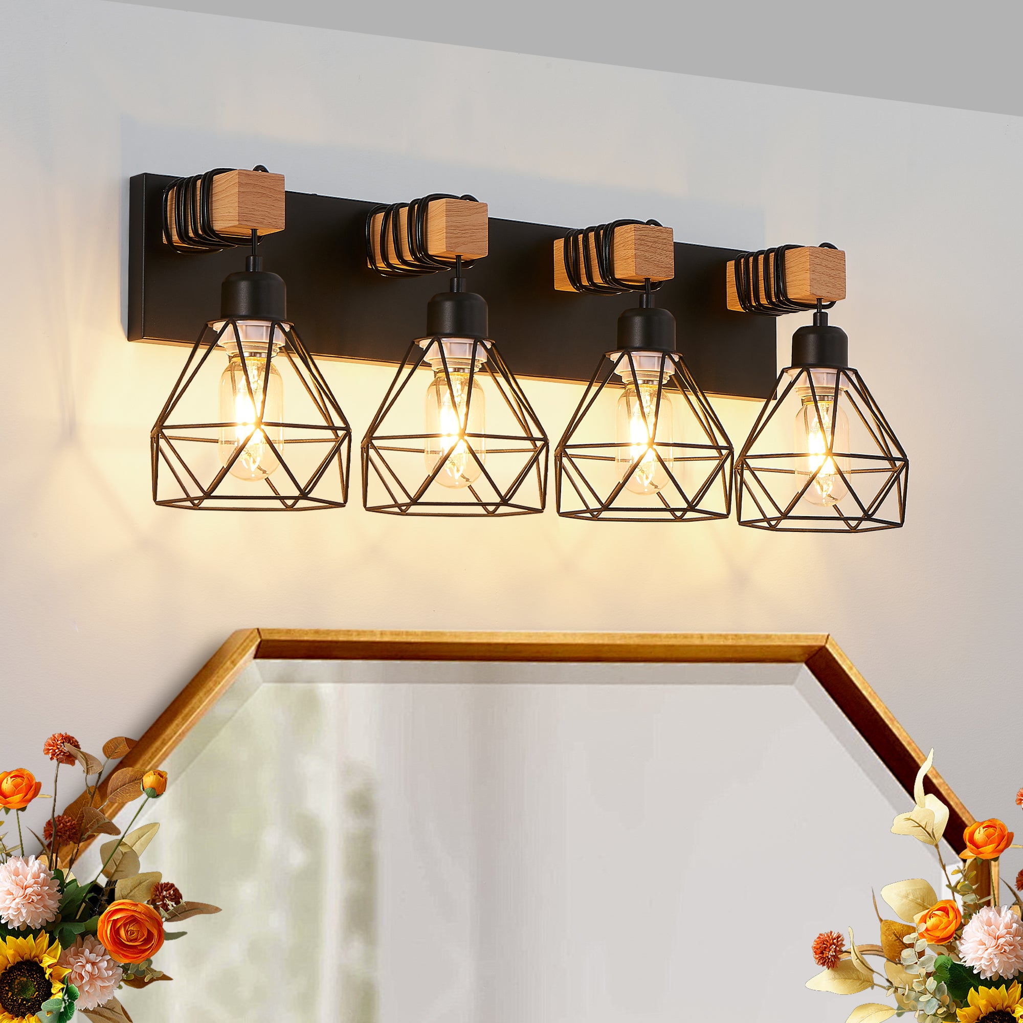 24' Modern Geometric 4-Light Vanity Light Fixture with Black Metal, Wooden Accents and Cage Lampshade for Bathroom, Bedroom, or Living Room (Bulb Not Included)