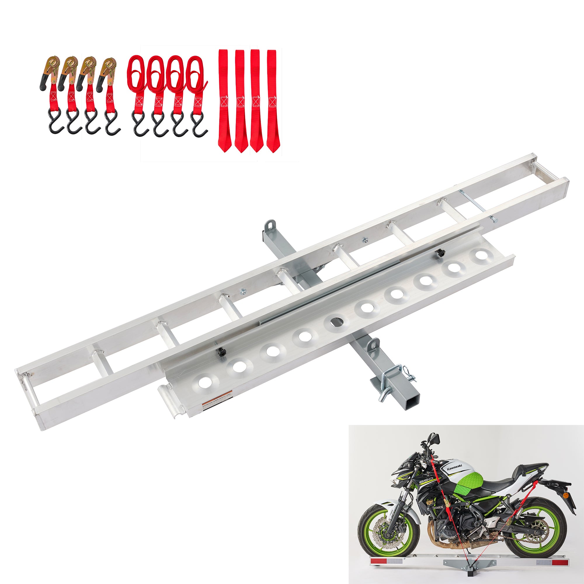 Aluminum Motorcycle Hitch Mount Carrier with Ramp, 400lb Capacity, Silver, Rust-Resistant