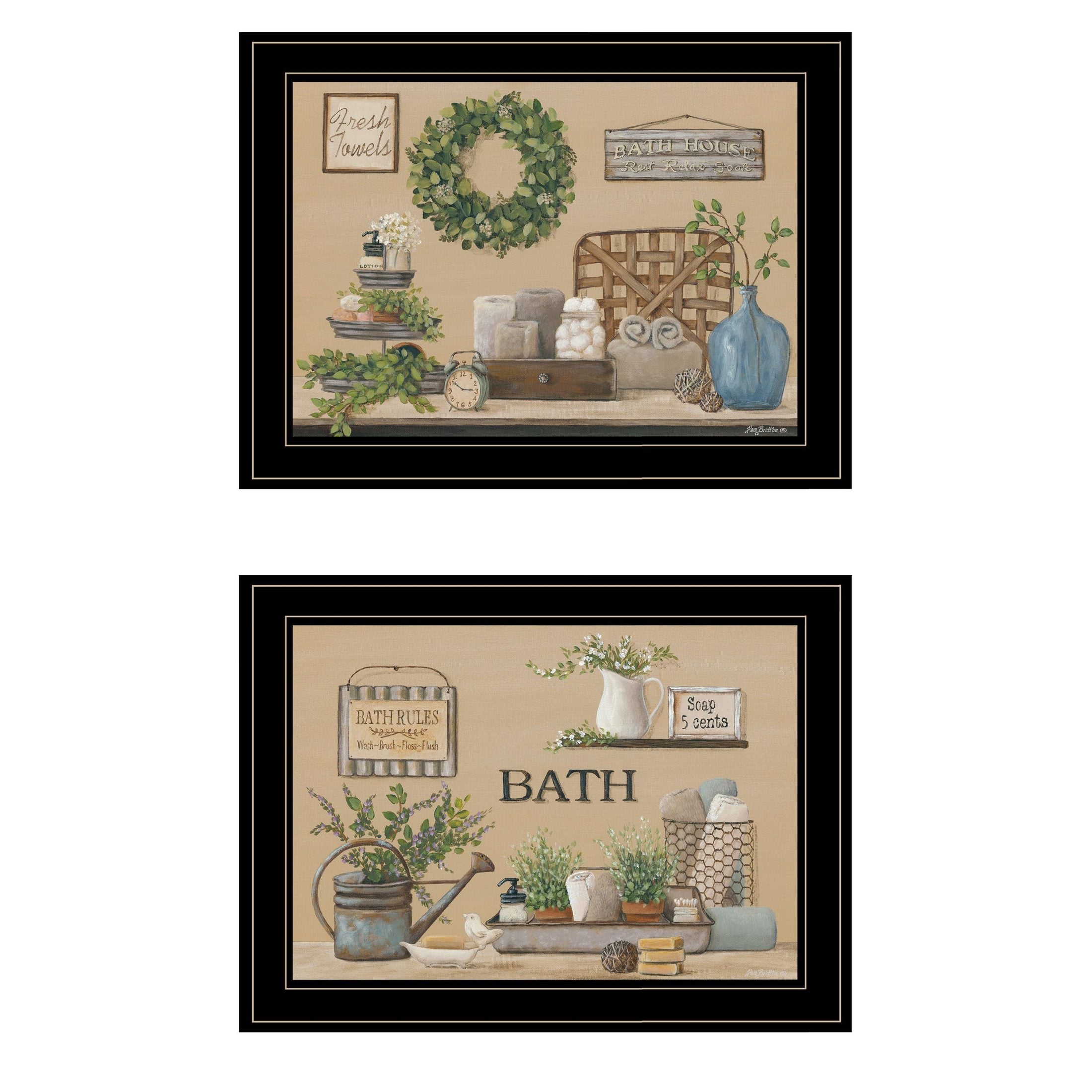 'Bath Time' 2-Piece Vignette By Pam Britton, Ready to Hang Framed Print, Black Frame