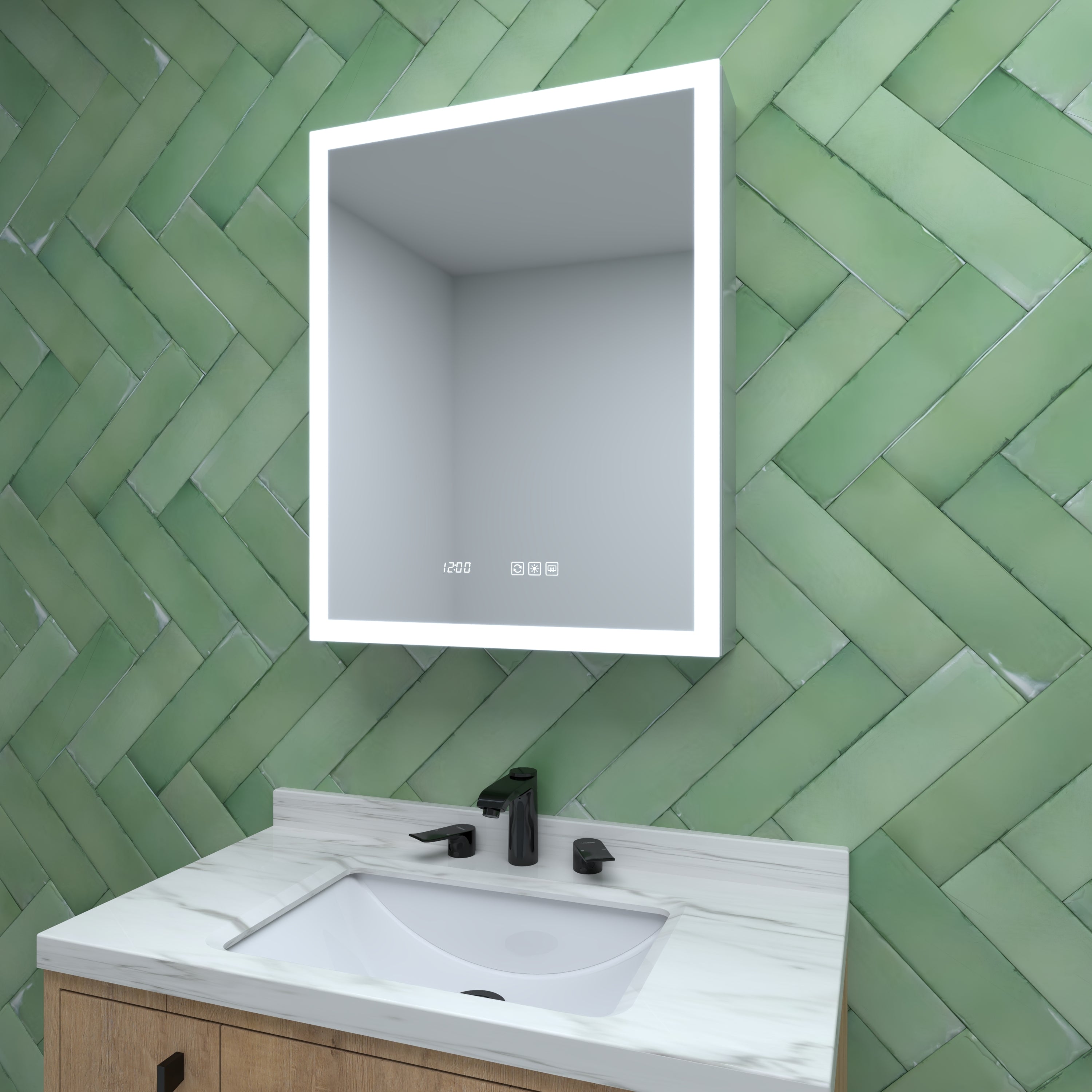 24 in. W x 30 in. H Rectangular Silver Aluminum Recessed/Surface Mount Right Medicine Cabinet with Mirror LED and Clock