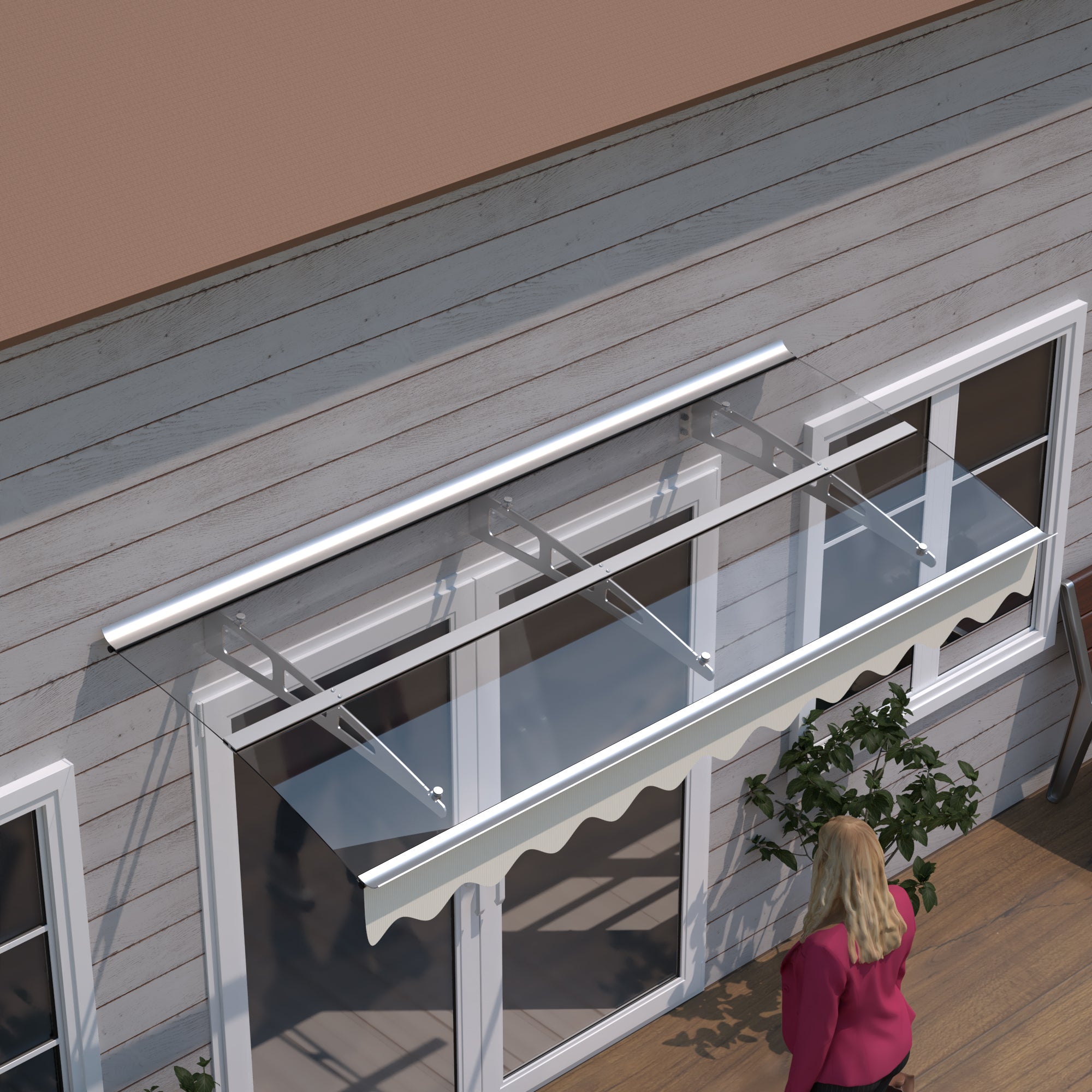 79' x 34' Window Awnings Door Entrance Canopy, Aluminum Alloy Bracket, 0.137 Inch Thick Crystal Solid Polycarbonate Sheet with Valance for Wooden Wall House (DA7934W Clear Transparent Roof)