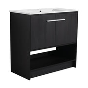 Modern 36-Inch Bathroom Vanity with Ceramic Sink and Soft Closing Doors in Dark Oak Plywood