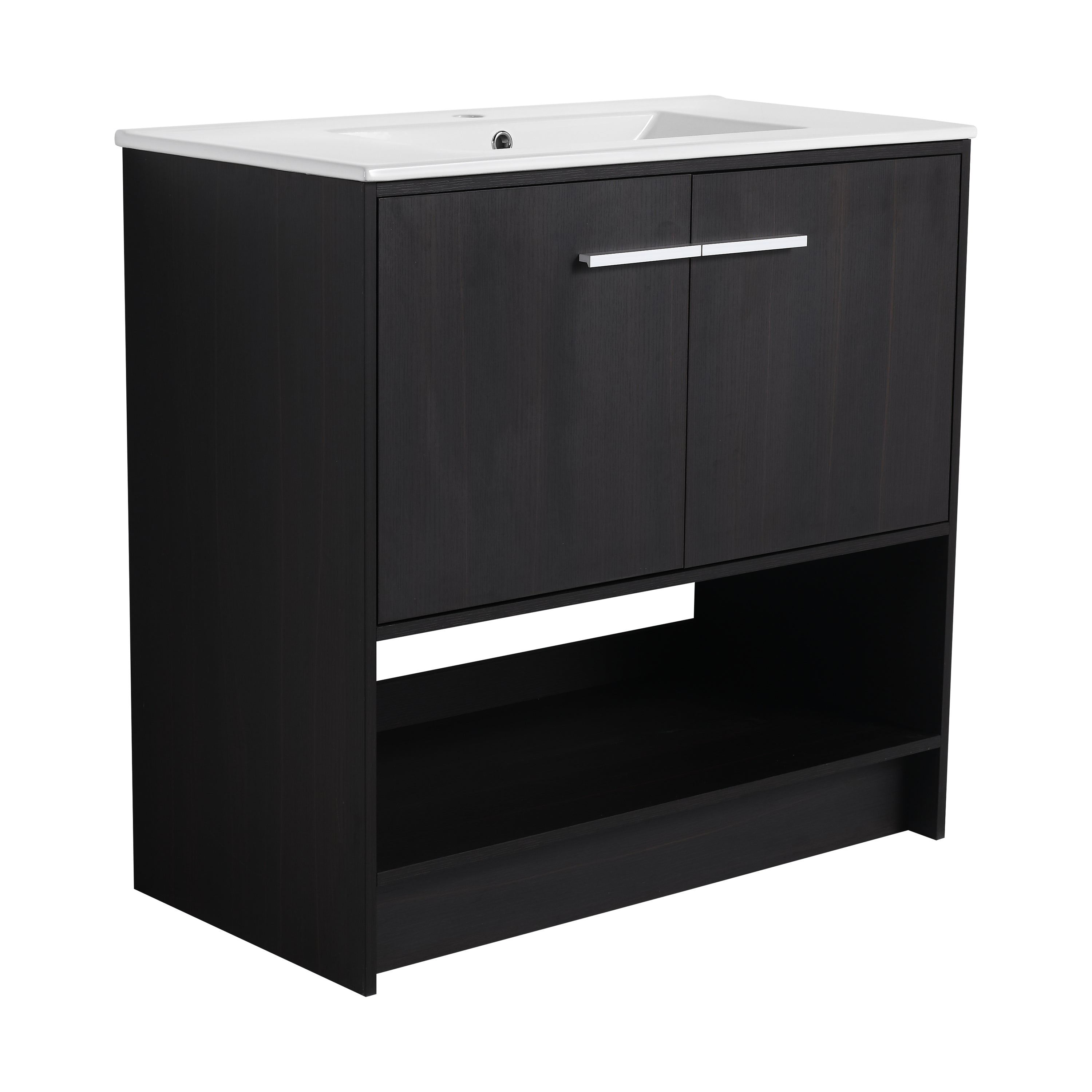 Modern 36-Inch Bathroom Vanity with Ceramic Sink and Soft Closing Doors in Dark Oak Plywood