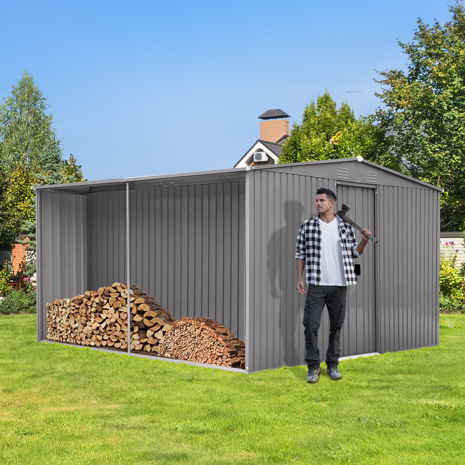 New Outdoor Storage Shed Has Two Functions: Metal Shed And Firewood Shed 13 ft×11 ft , More Suitable For Winter , Grey