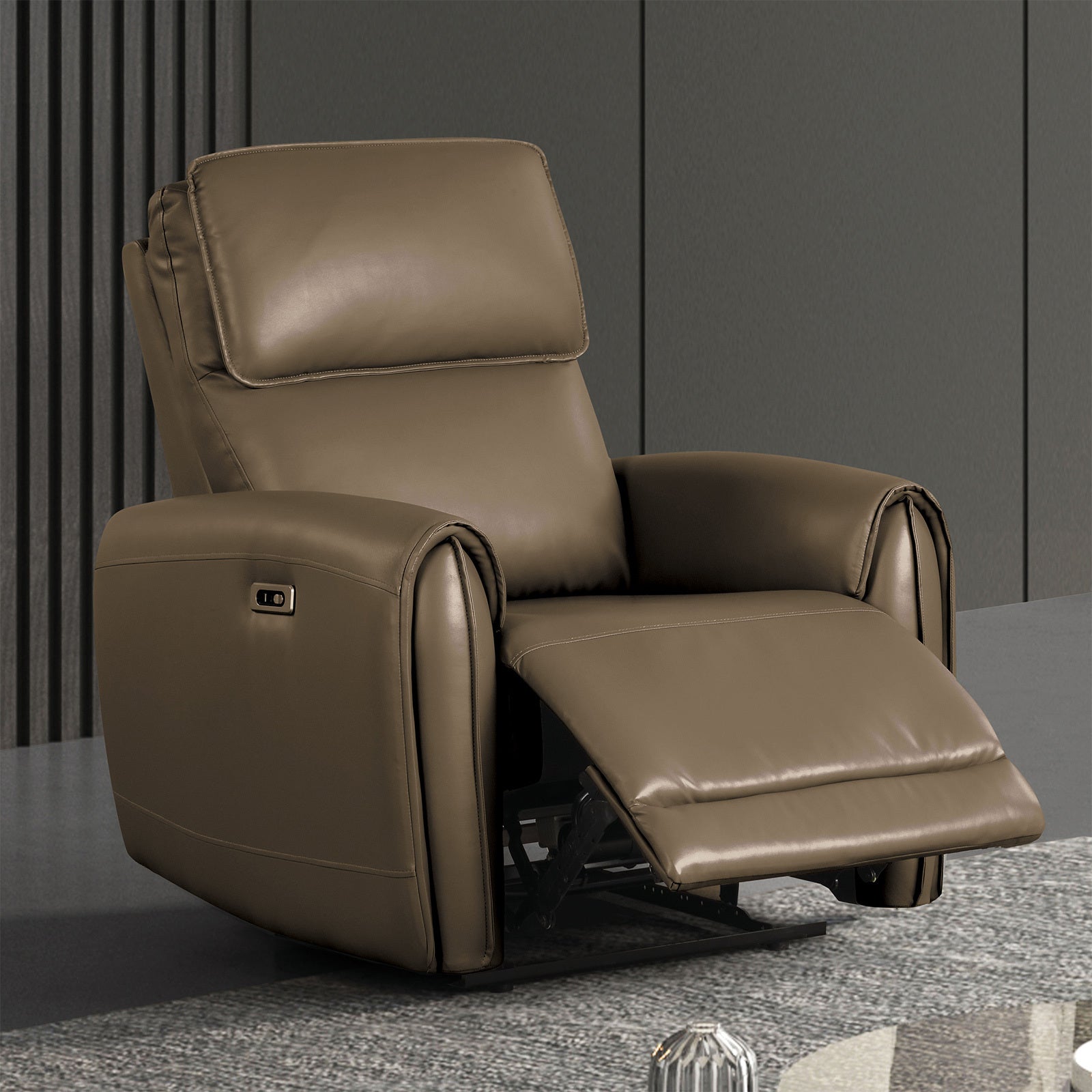 Contemporary Style Power Recliner USB Ports Contour Arms Flange Trim Light Brown Finish Primary Living Room