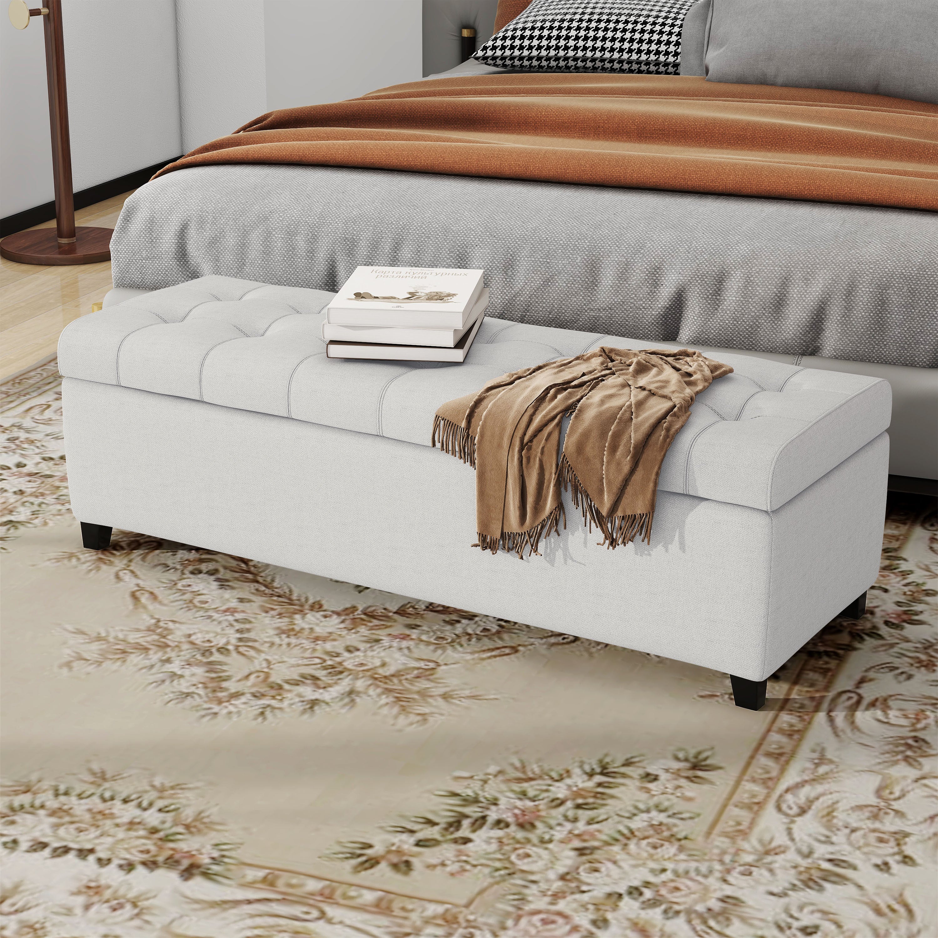 Upholstered Storage Ottoman Bench, Entryway Bench, End of Bed Bench, Ottoman Foot Rest for Living Room Bedroom, Light Grey 50.75' Length