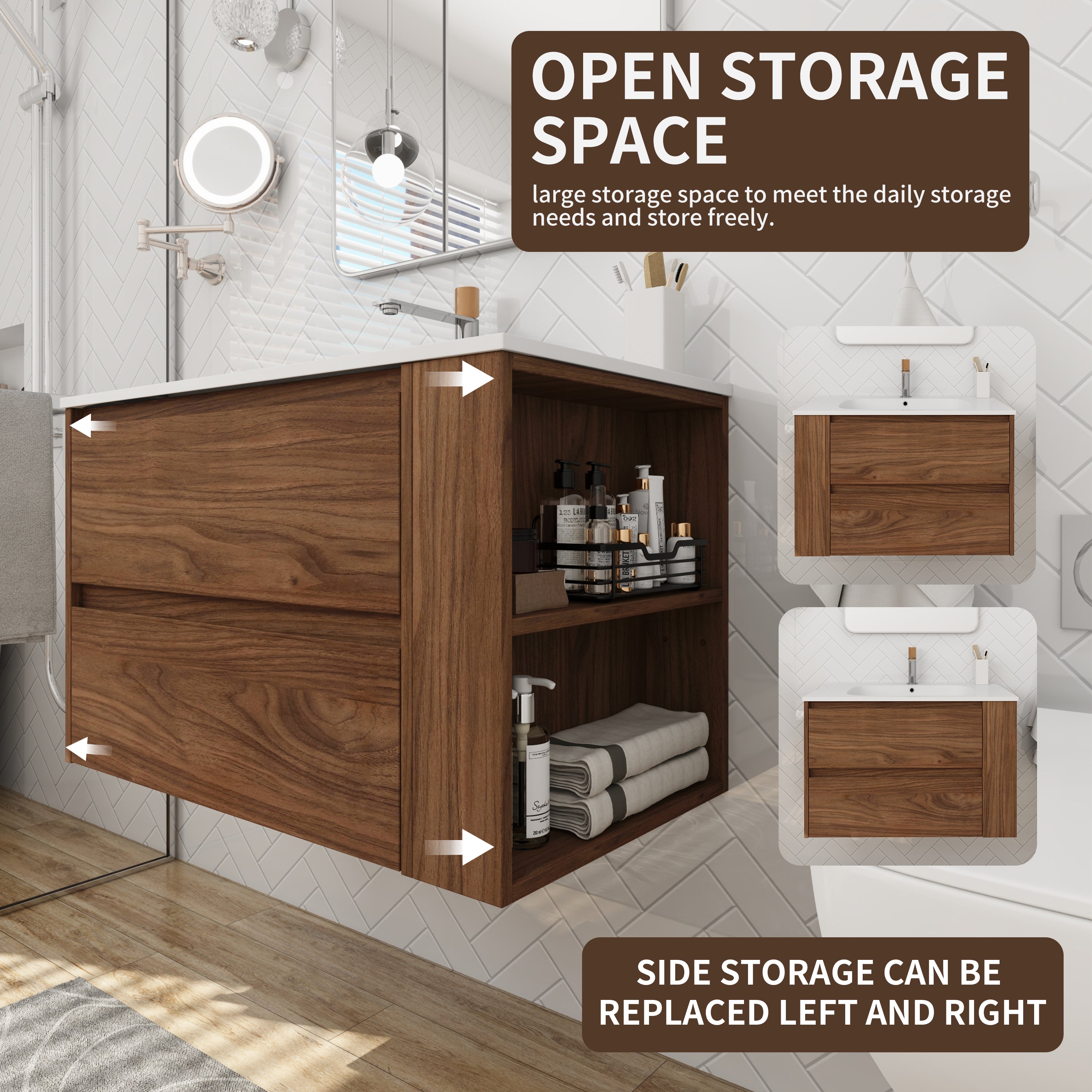 30' Wall Mounting Bathroom Vanity With Gel Sink, Soft Close Drawer