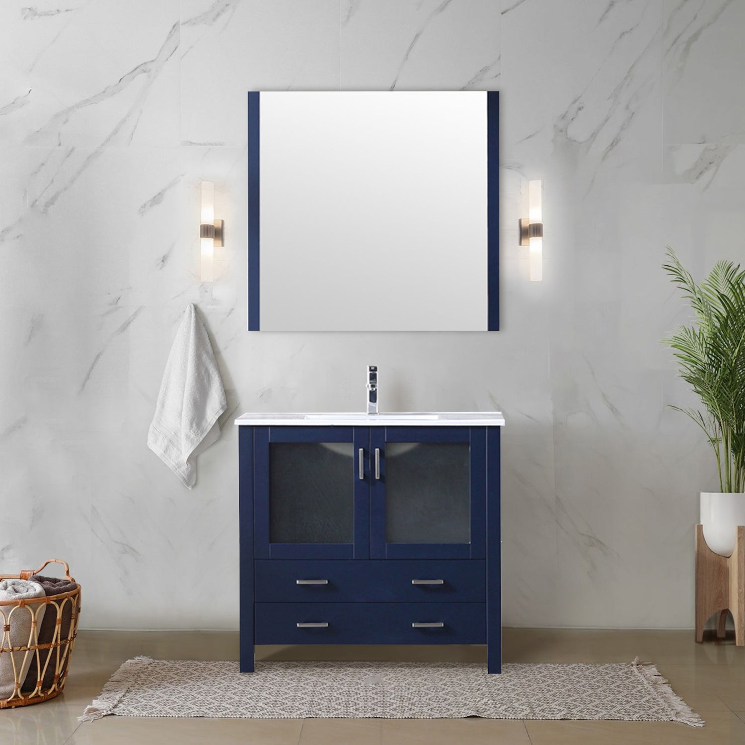 Navy Blue Bath Vanity 36 in. W x 18.25 in. D, with White Ceramic Top