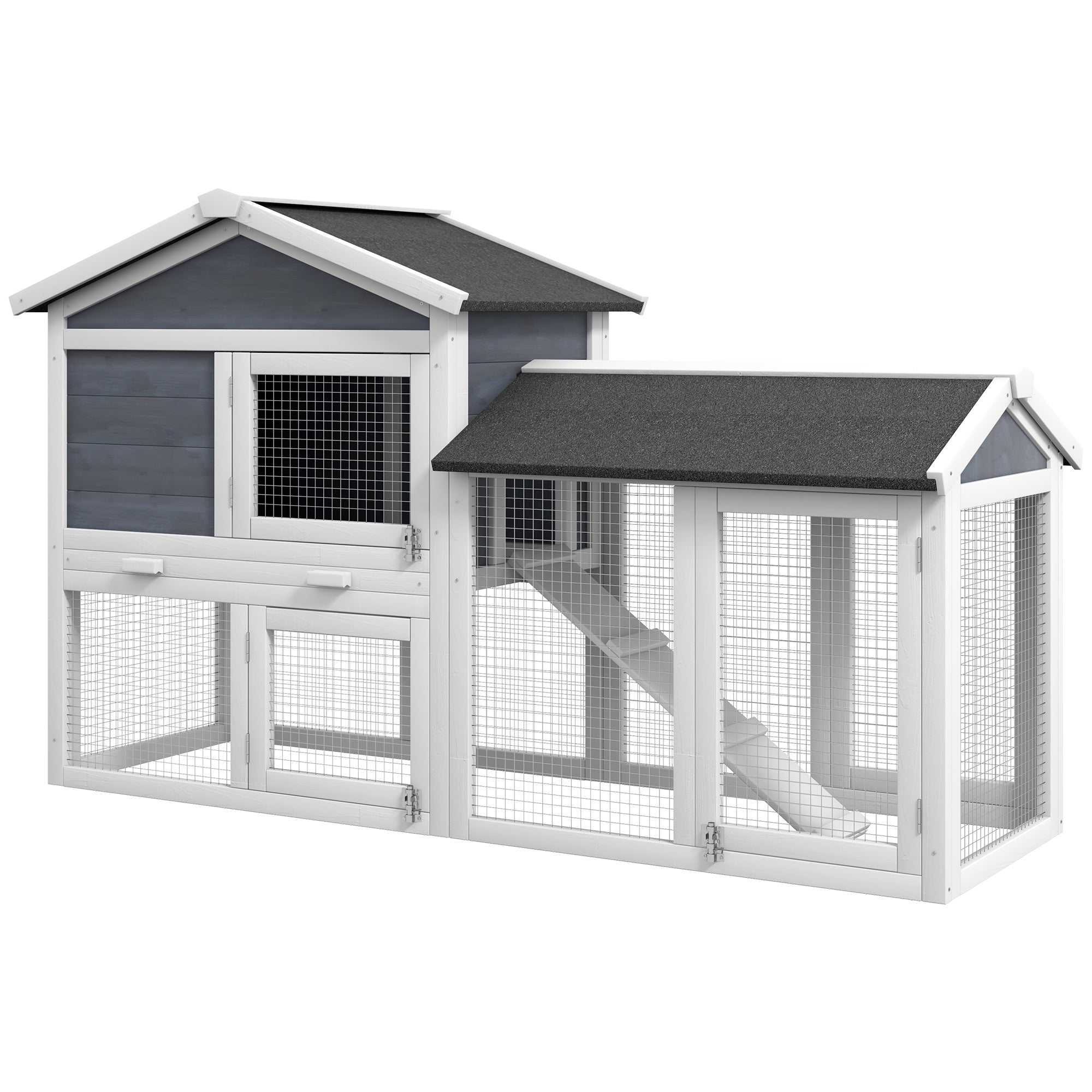 PawHut 58' Rabbit Hutch, Wooden Bunny Hutch, Guinea Pig Cage, Small Animal Enclosure with Run Area, Removable Tray, Asphalt Roof, Lockable Doors and Ramp, Gray