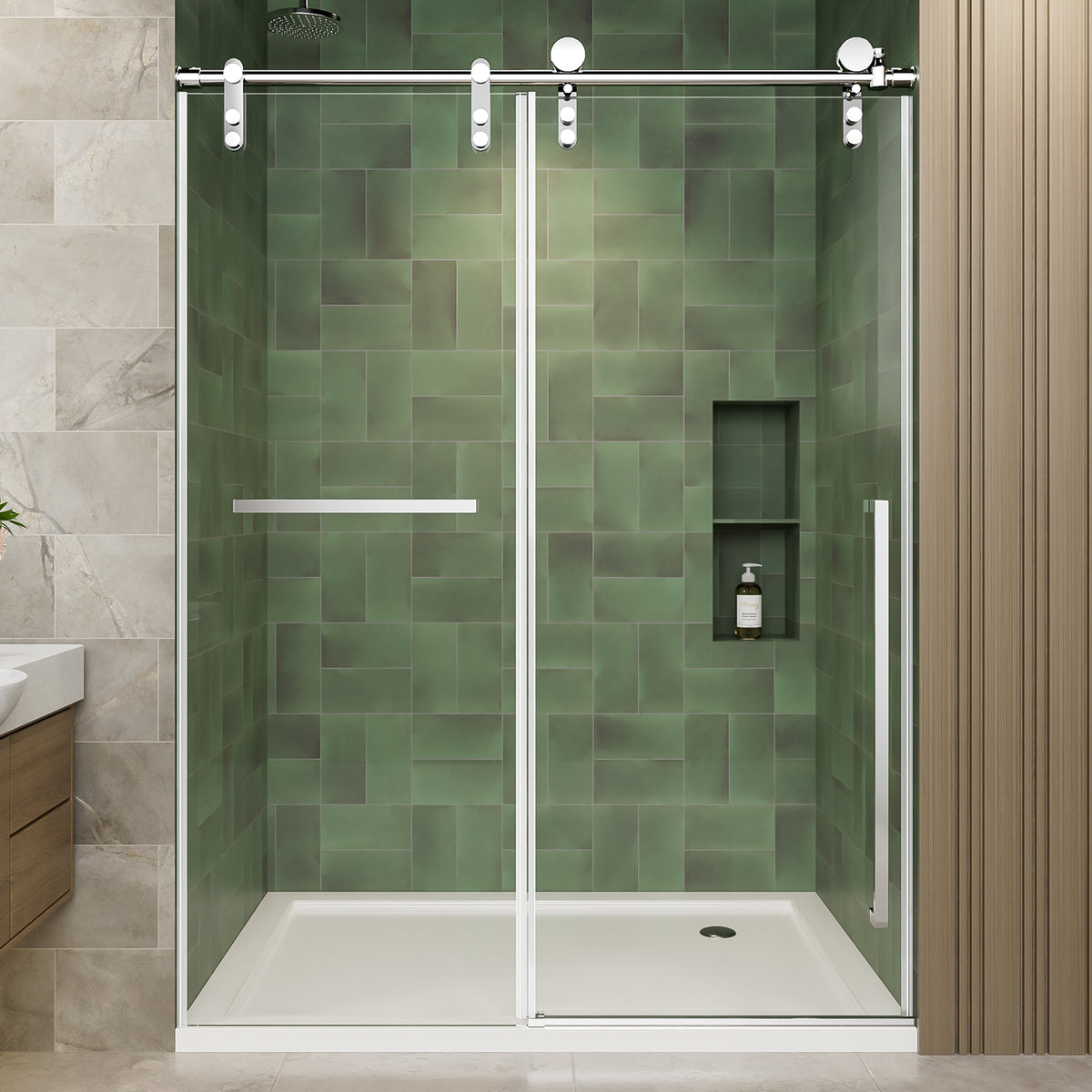 44'-48' W x 76' H Frameless Sliding Shower Door, Chrome Shower Screen, 5/16' (8mm) Clear Tempered Glass With Explosion-proof Film