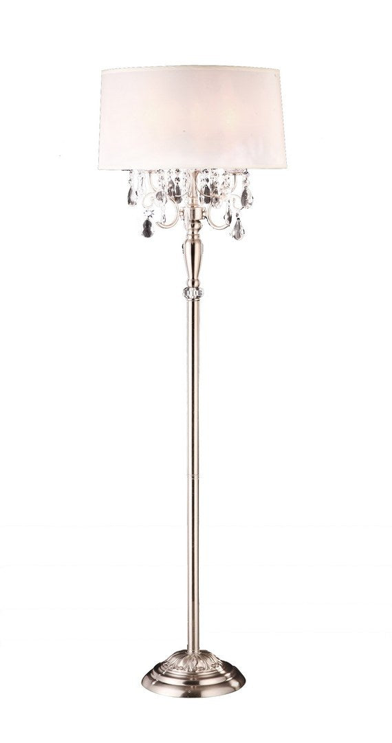 62' Tall Metal Floor Lamp w/ Silver finish and Crystal Accents, White Shade