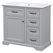 Modern 36' Bathroom Vanity with Ceramic Sink, 2 Tip-out Drawers, Soft Close Hinges, Light Gray Finish, MDF & Rubber Wood Construction