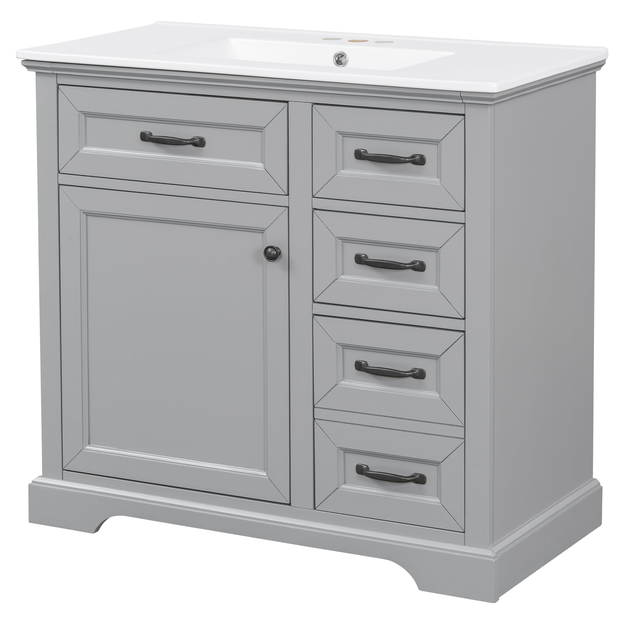 Modern 36' Bathroom Vanity with Ceramic Sink, 2 Tip-out Drawers, Soft Close Hinges, Light Gray Finish, MDF & Rubber Wood Construction