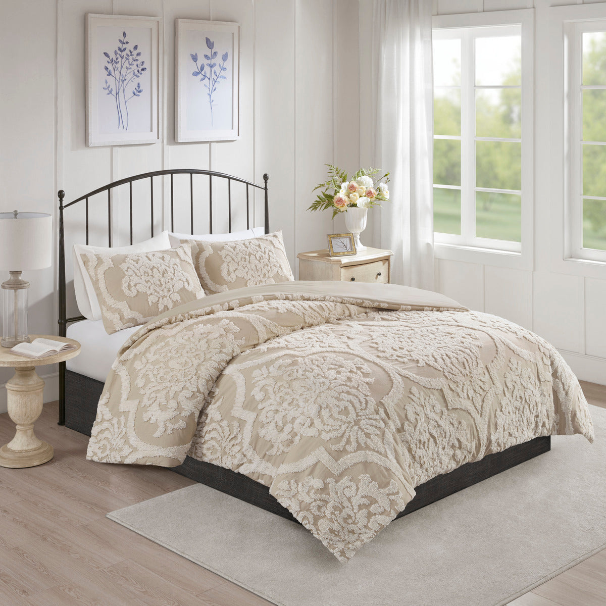 3 piece Tufted Cotton Chenille Damask Comforter Set Taupe King/Cal King