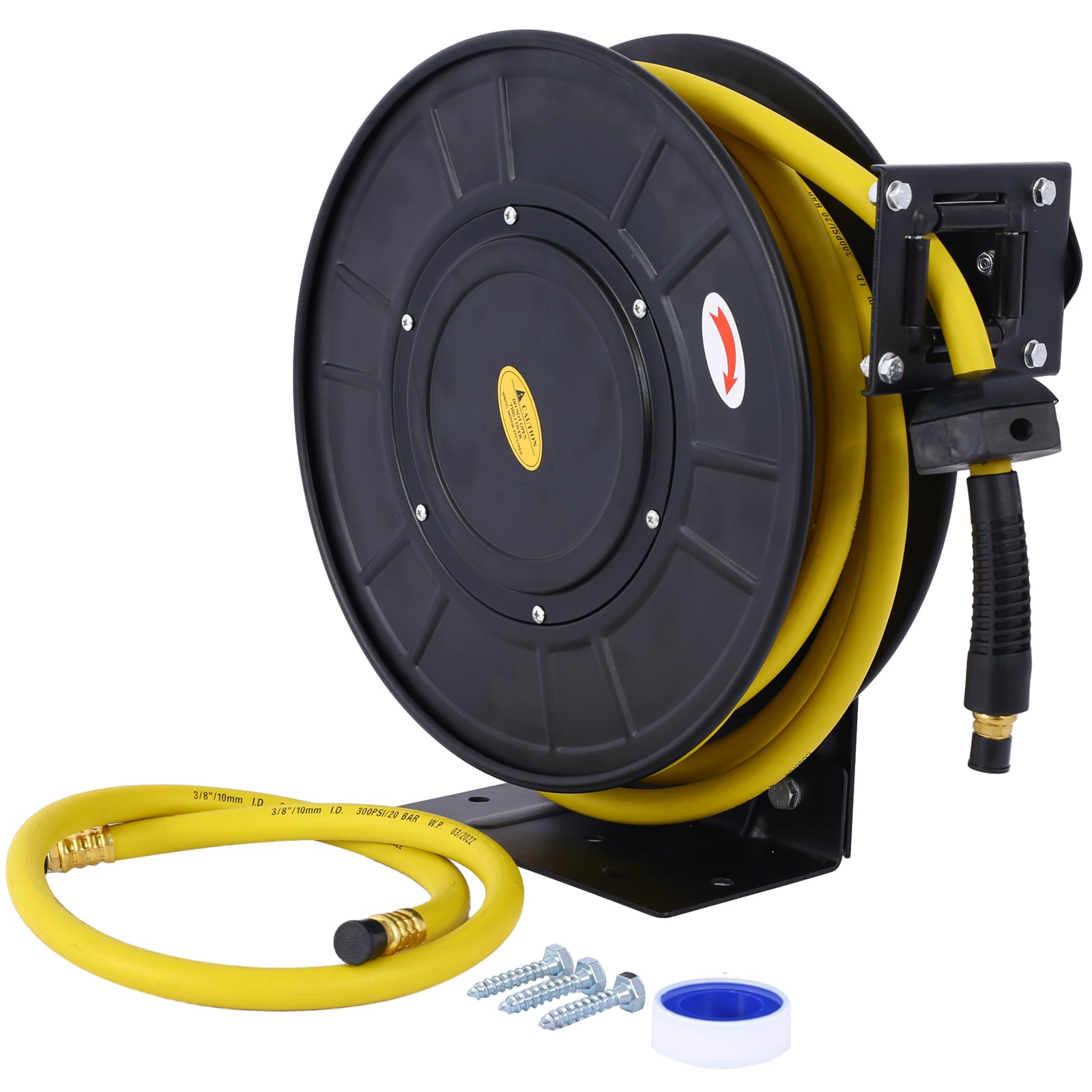 Air Reel Retractable 3/8' Inch x 50' Feet Premium Commercial Flex Hybrid Polymer Hose Max 300 PSI Heavy Duty Steel Frame