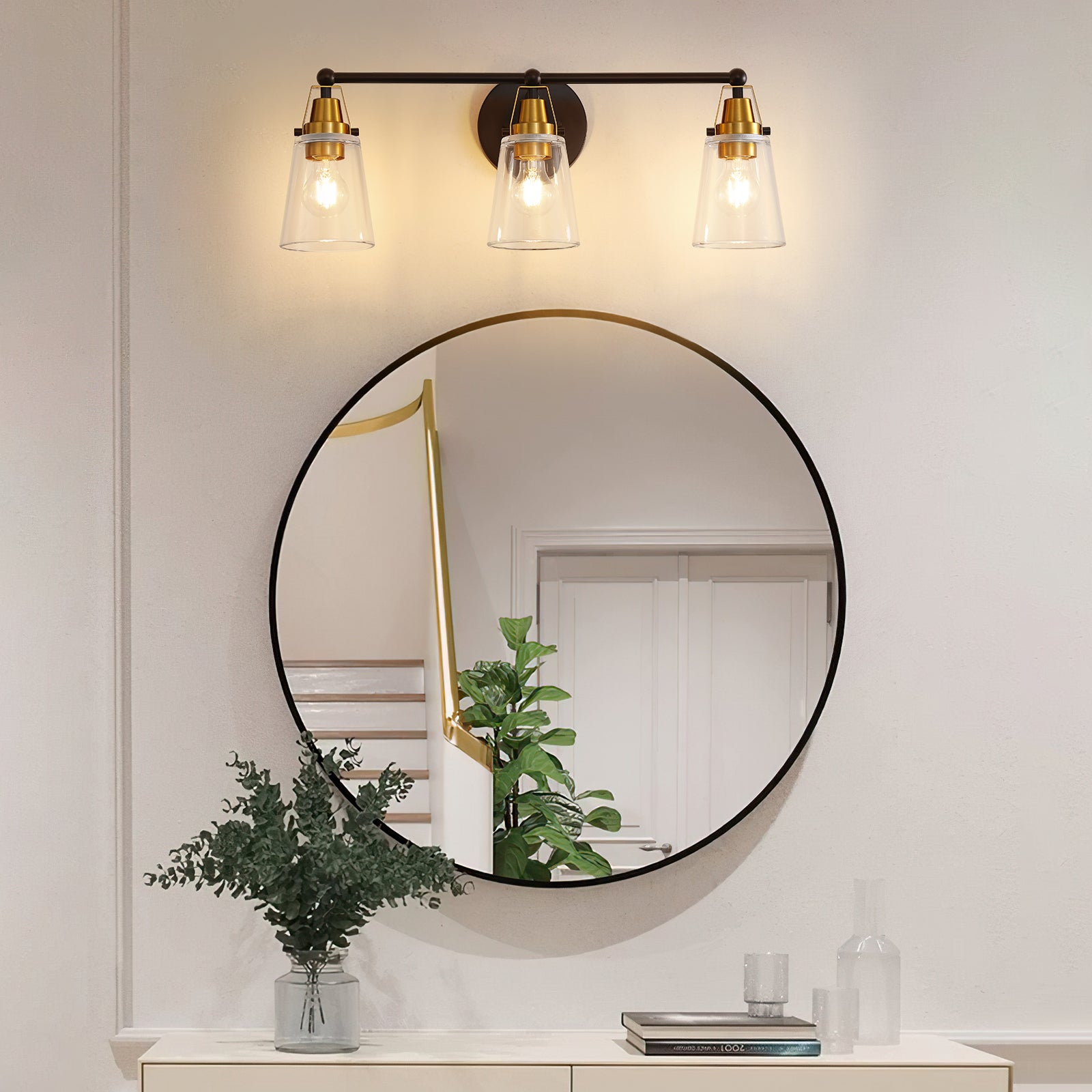 Modern 3-Light Black+Bronze Bathroom Vanity Light with Clear Glass Shade, E26 Wall Sconces Over Mirror for Living Room Bedroom Hallway (Bulb Not Included)