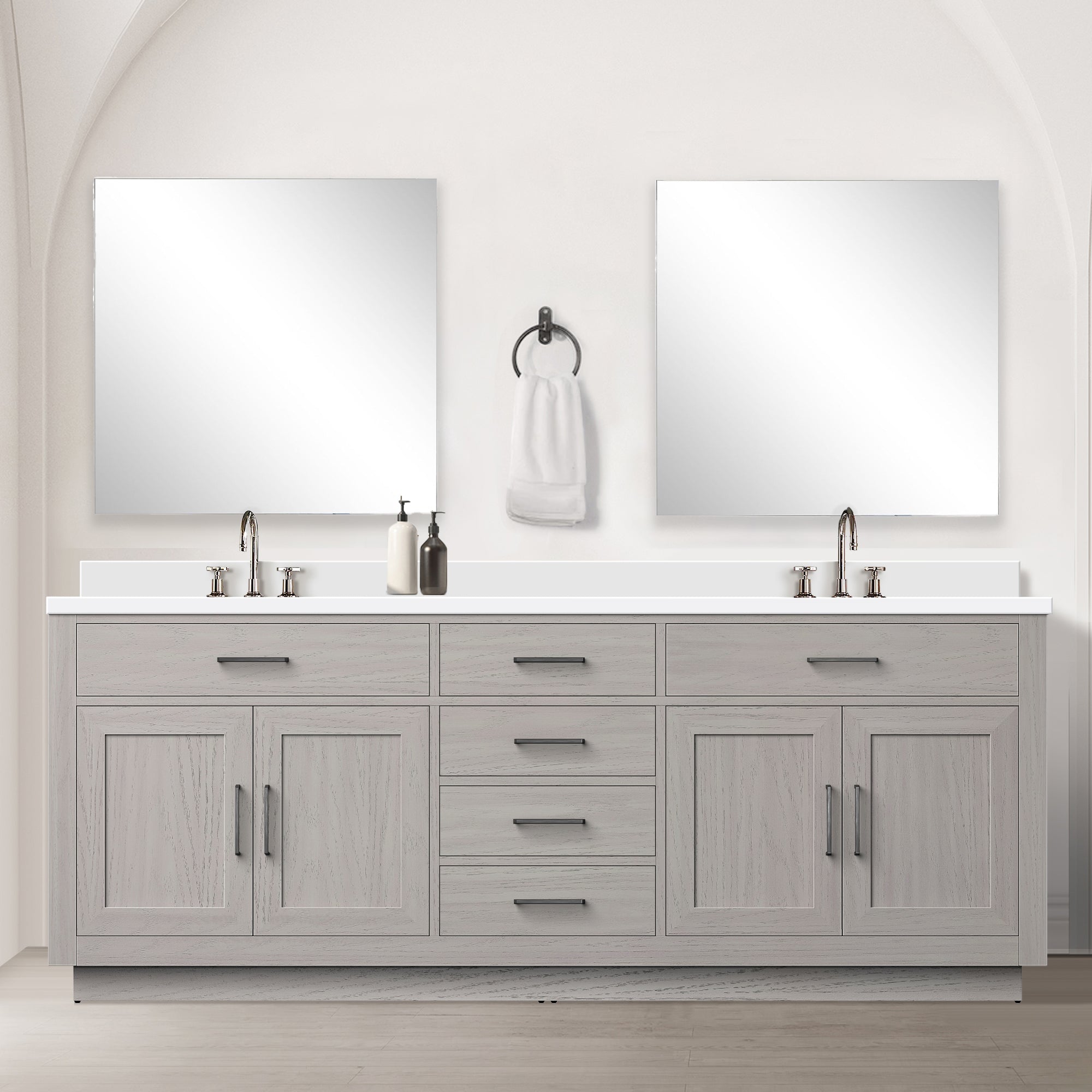 White Oak Double Bath Vanity 84 in. W x 22 in. D, Cultured Marble Top, and Faucet Set