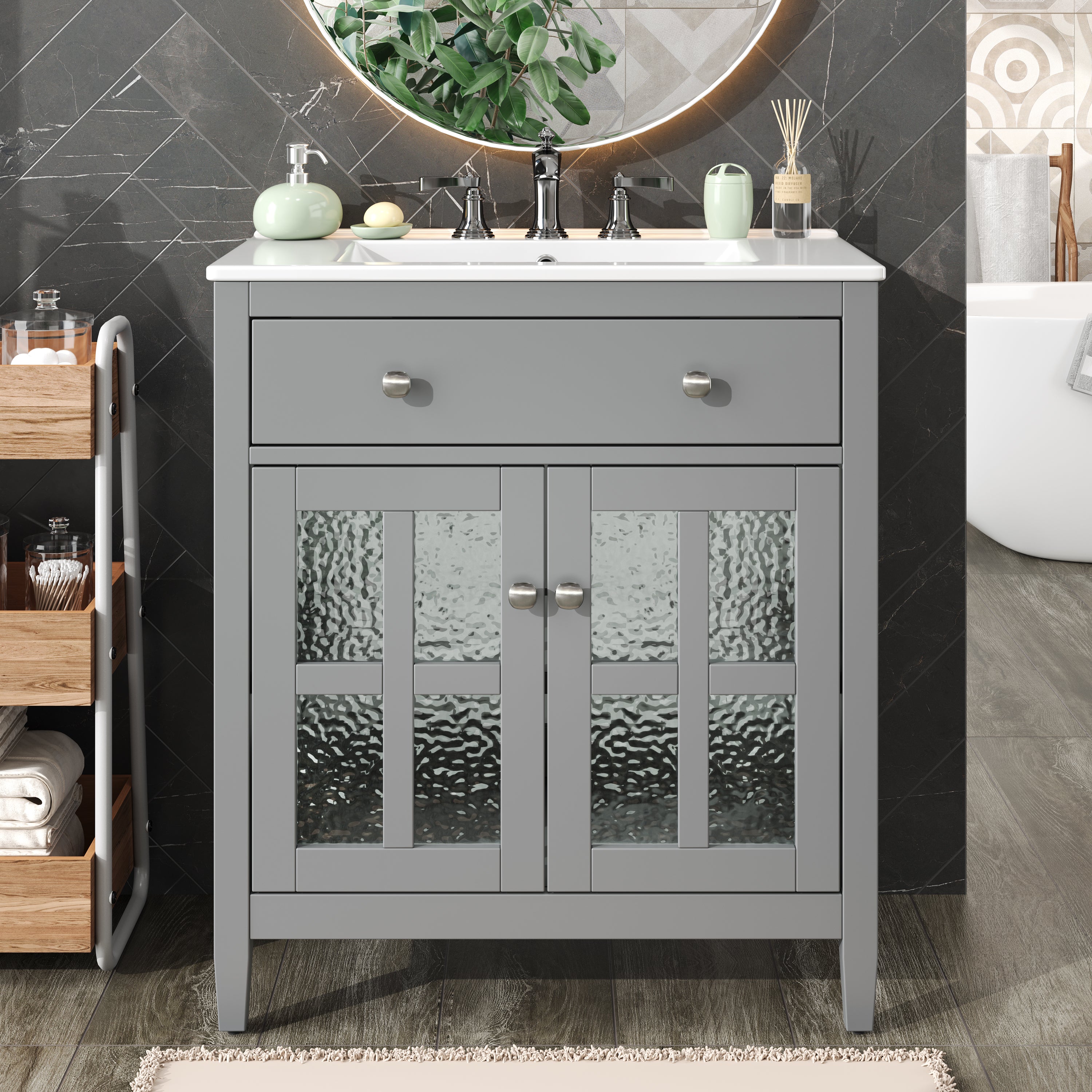 30' Bathroom Vanity with Ceramic Sink, Equipped with Adjustable Shelf and Tip-Out Tray, Bathroom vanity with Solid Wood Legs, Silver Metal Knobs and Soft Close Hinges, Gray