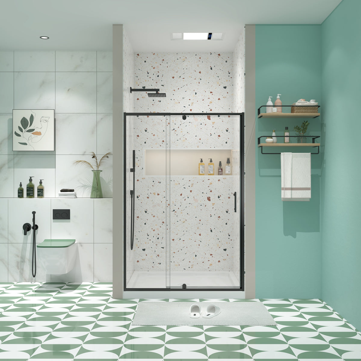 50-54' W x 71' H Piovt Swing Glass Shower Door,Pivot Frame Sliding Shower Door with 1/4'(6mm) Clear SGCC Tempered Glass,Matte Black Finish Shower Doors,Reversible Installation
