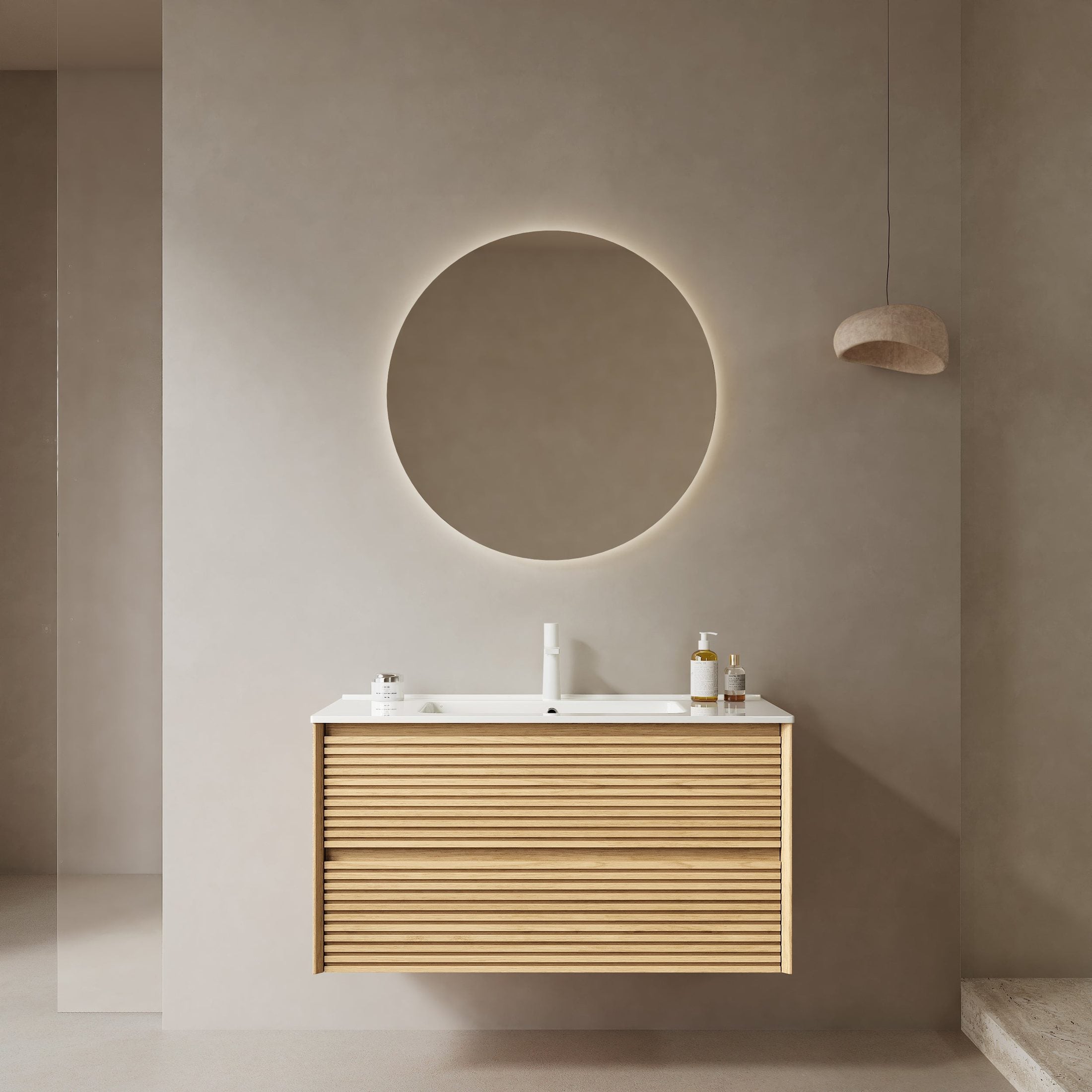 BRON 36' Bathroom Vanity with Sink, Wall-Mounted Floating Plywood Bathroom Storage Cabinet with Drawers, White Ceramic Basin, NO Faucet, Pre-assembled, Corolla Oak Woodgrain Color