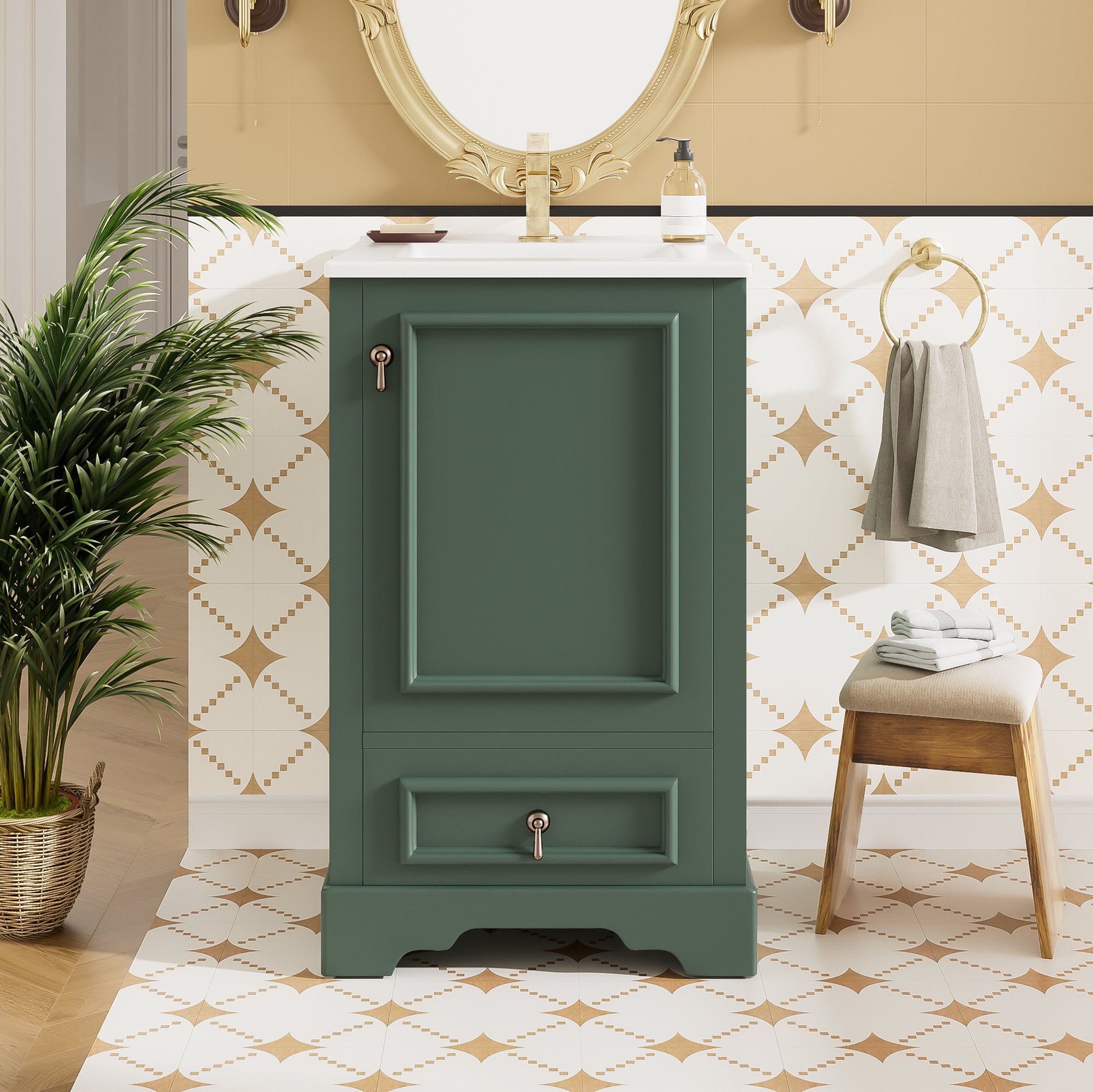 20 Inch Bathroom Vanity with Ceramic Sink, Soft Close Door, Adjustable U-Shaped Shelf, Compartment Drawer and Door Storage Rack, Modern Style, Space-Saving Design