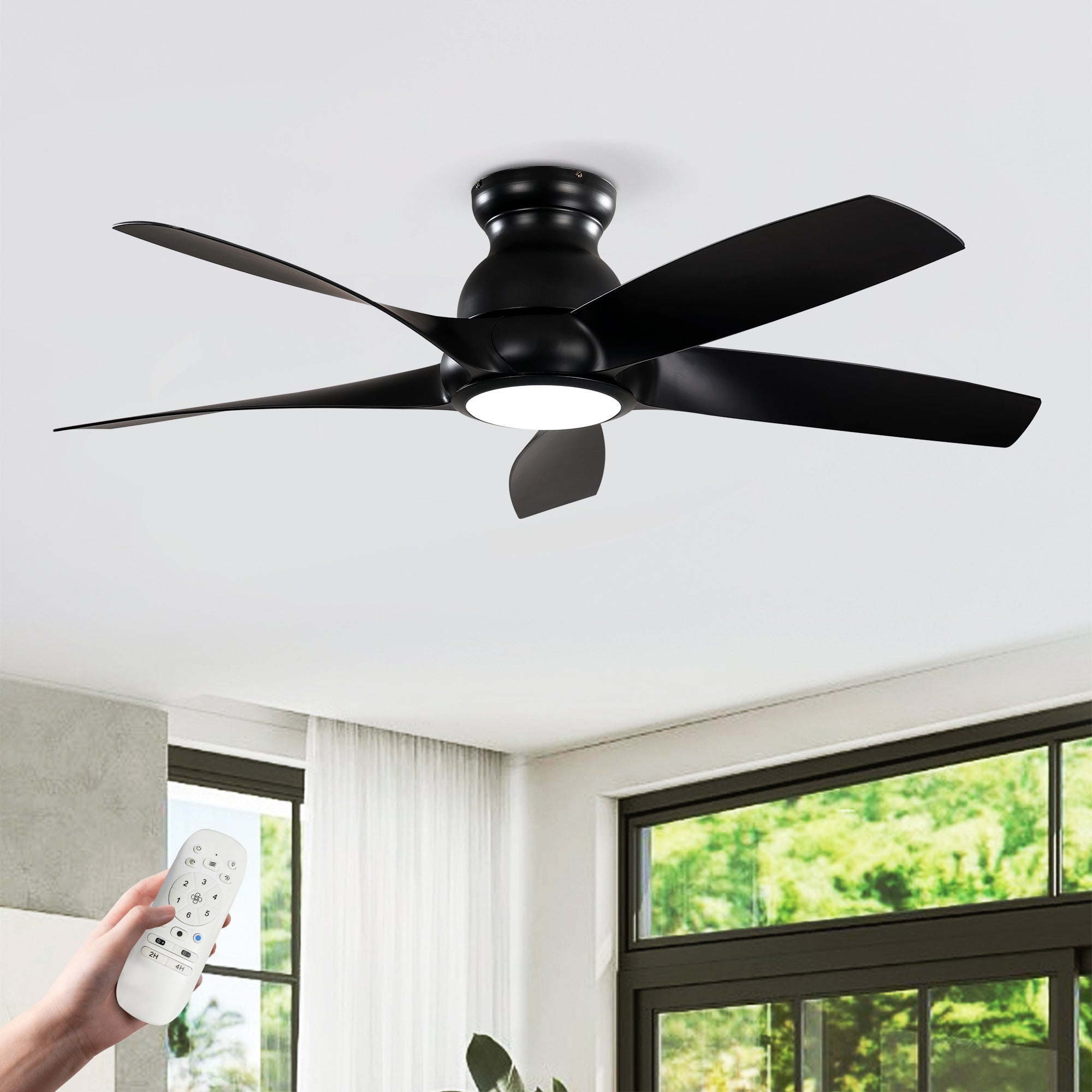 56 Inch 5 PCS ABS Blades  Ceiling Fan With Light Kit 3 Color LED Light Source, DC 6 Speed ,Remote Control Ceiling Fan  for Patio Living Room, Bedroom, Office,Indoor.(( Matte Black  )