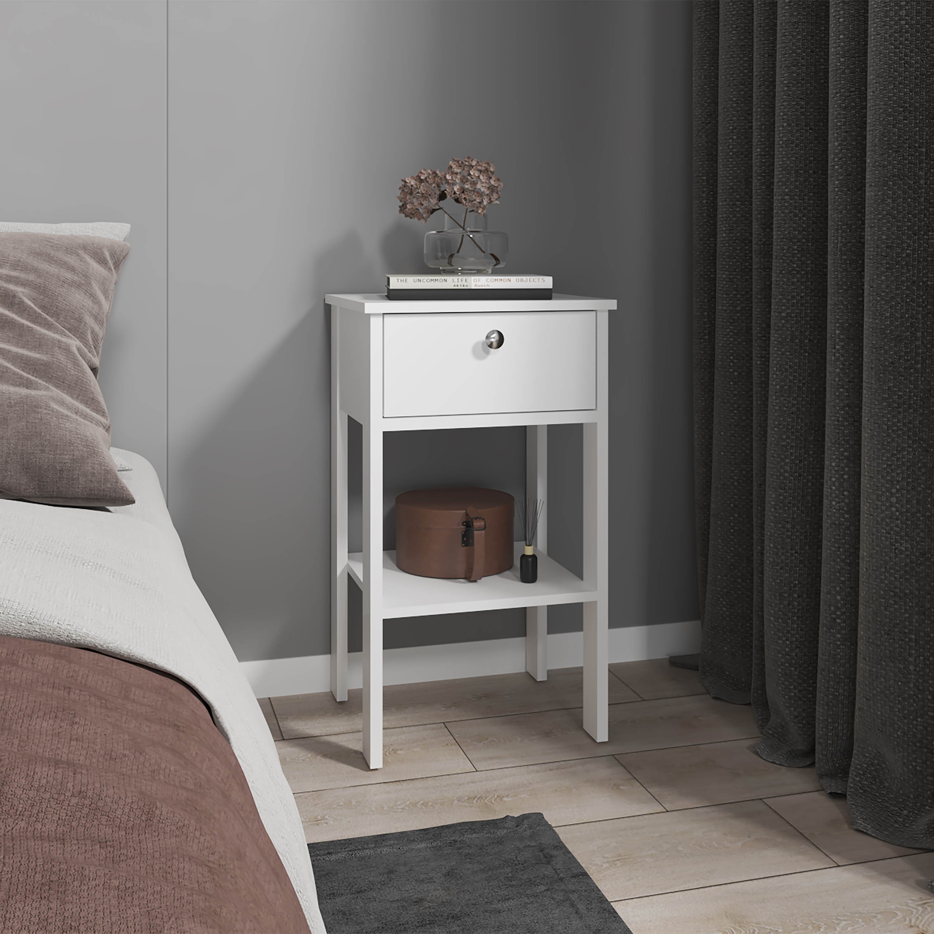 Nightstand, 1 Drawer, 1 Shelf, 4 Legs, White