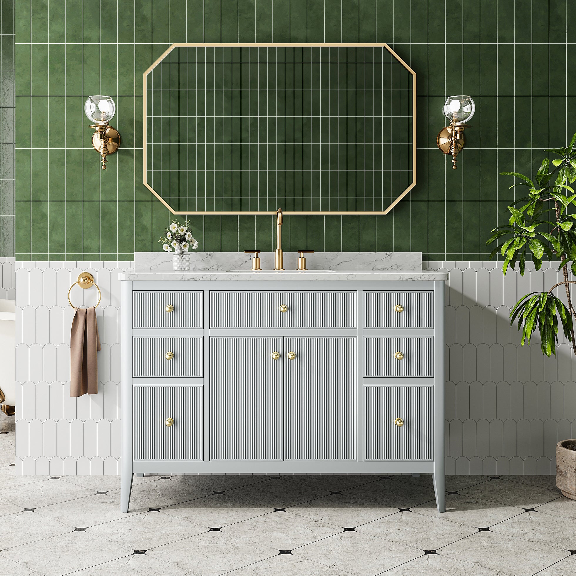 Fully Assembled 48''  Grey Freestanding Single Sink Bathroom Vanity with Solid Wood Construction and Engineered Marble Top