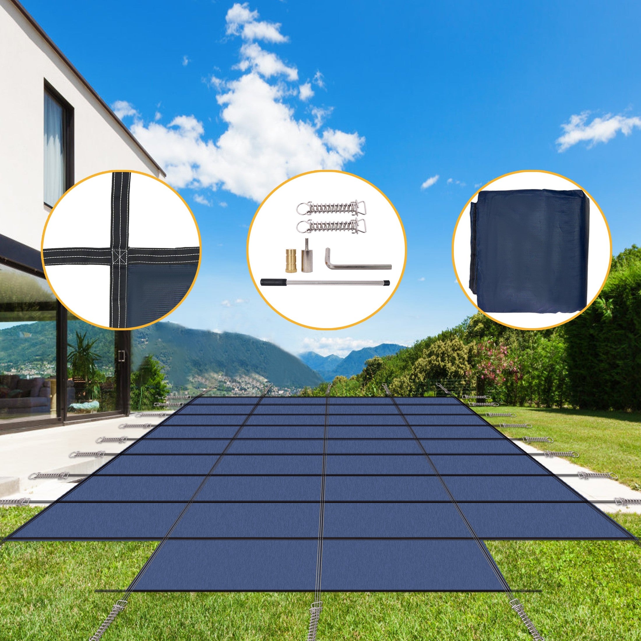 Blue Mesh High Strength Pool Safety Cover for 20x40ft Rectangular Inground Winter Swimming Pools with 4x8ft Center End Step