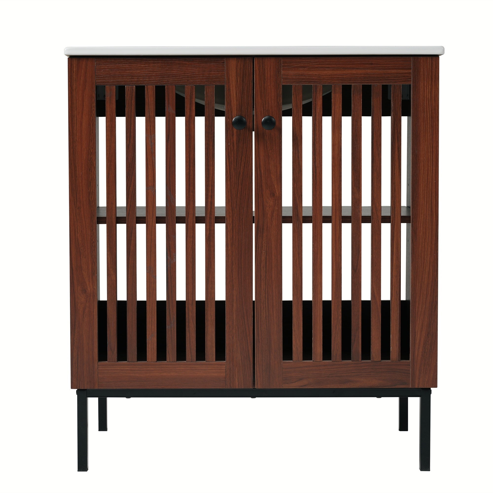 30' Vintage Bathroom Vanity with Ceramic Sink, Modern Bathroom Vanity Cabinet with 2 Soft-Close Doors (Fence-Design) and Large Storage Space, Equpiied with 4 Sturdy Iron Legs, Antique Dark Brown