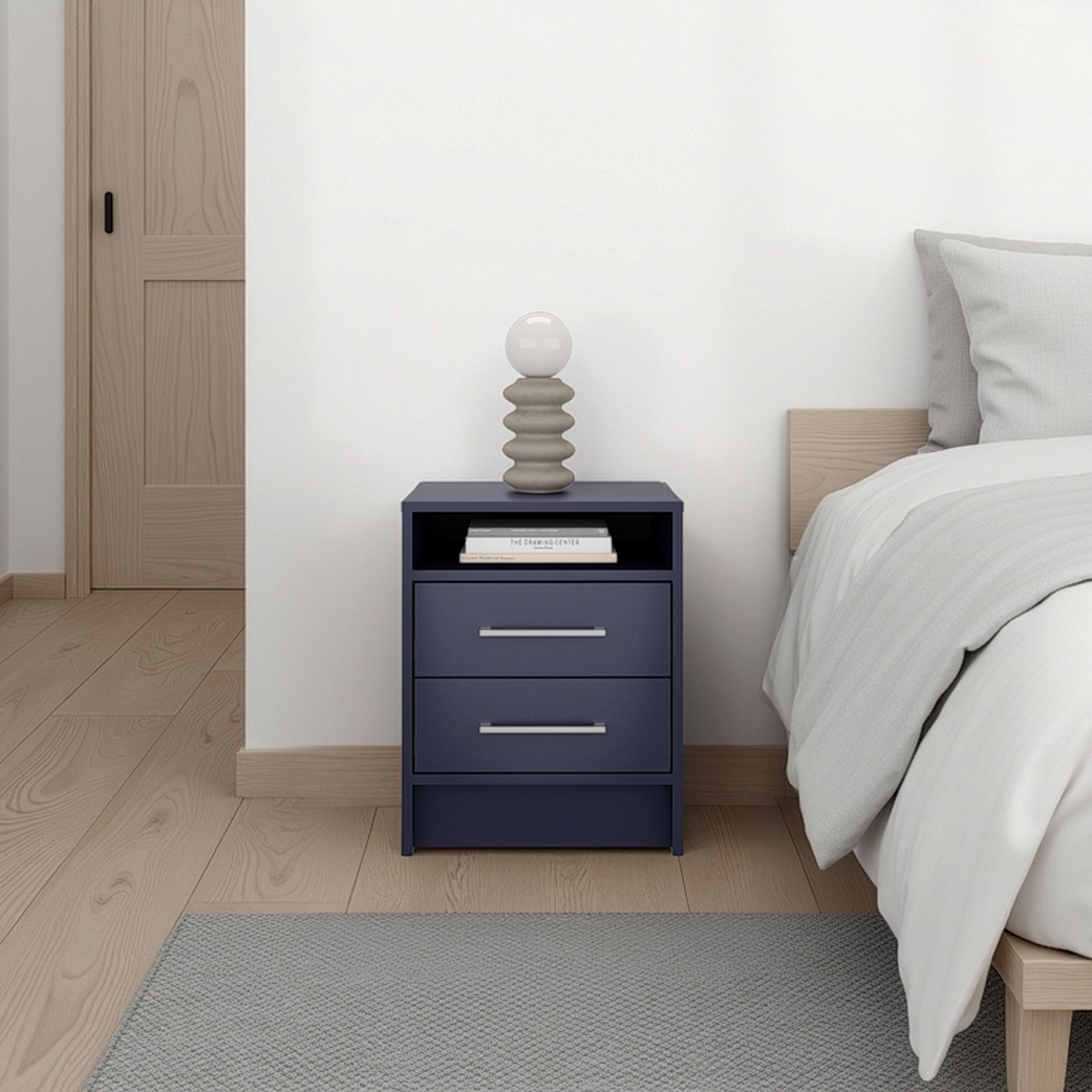 Eter Nightstand Minimalist Modern Style, Superior Top Shelf, One Open Storage Shelf And Two Drawers, Modern Bedside Storage