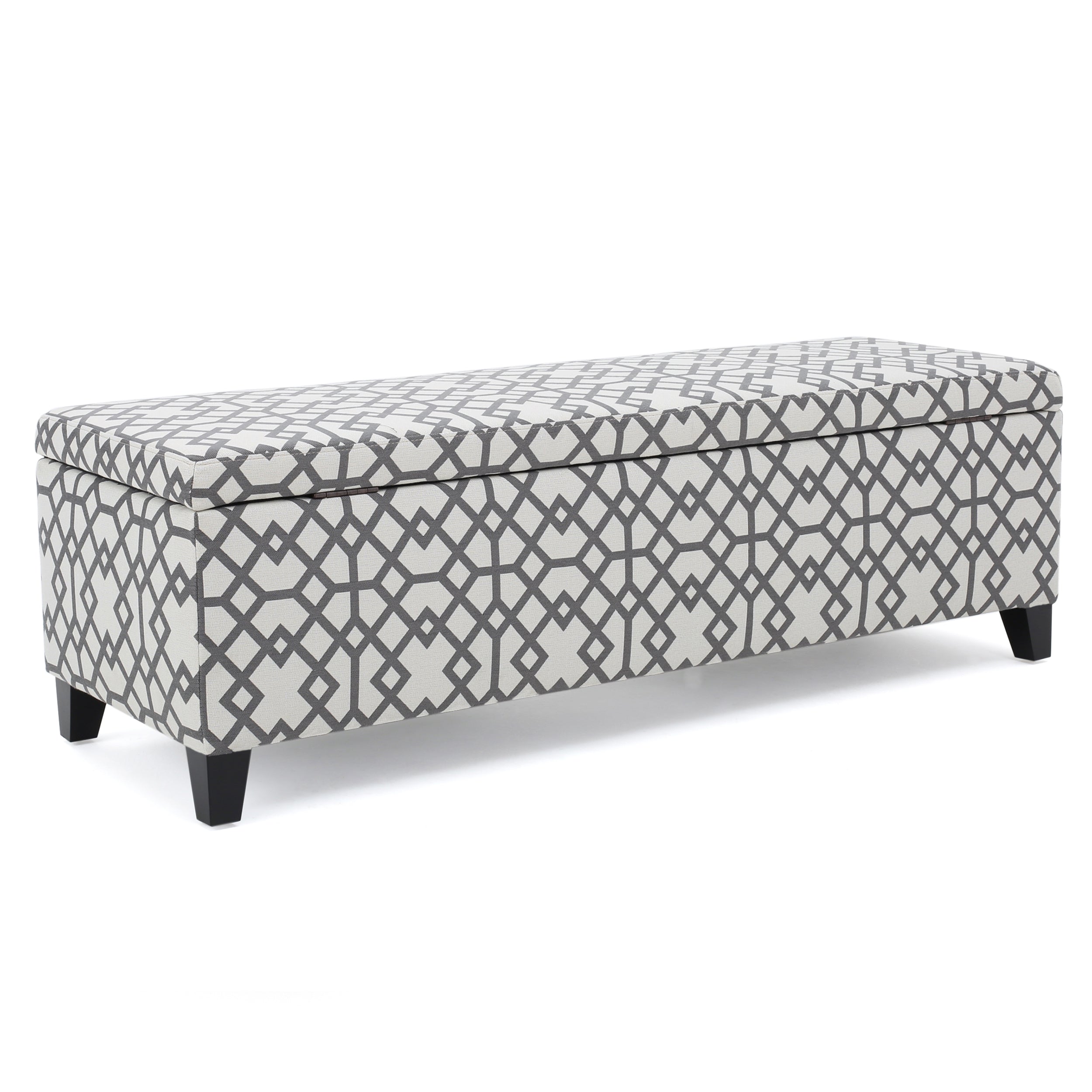 Quotient Upholstered Storage Ottoman with Tapered Block Feet, Grey and White
