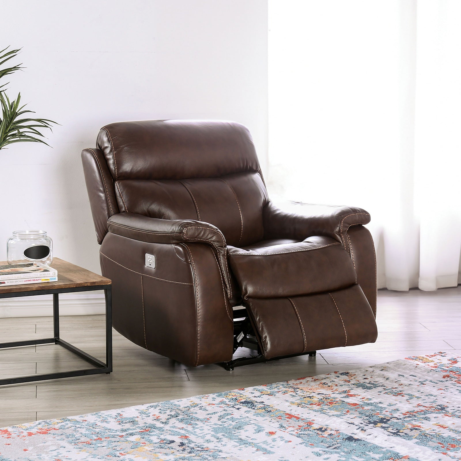 Transitional Style Power Recliner Wall Hunger Design Harwood Frame Fully Upholstered Pillow Top Arms Brown Finish Primary Living Room