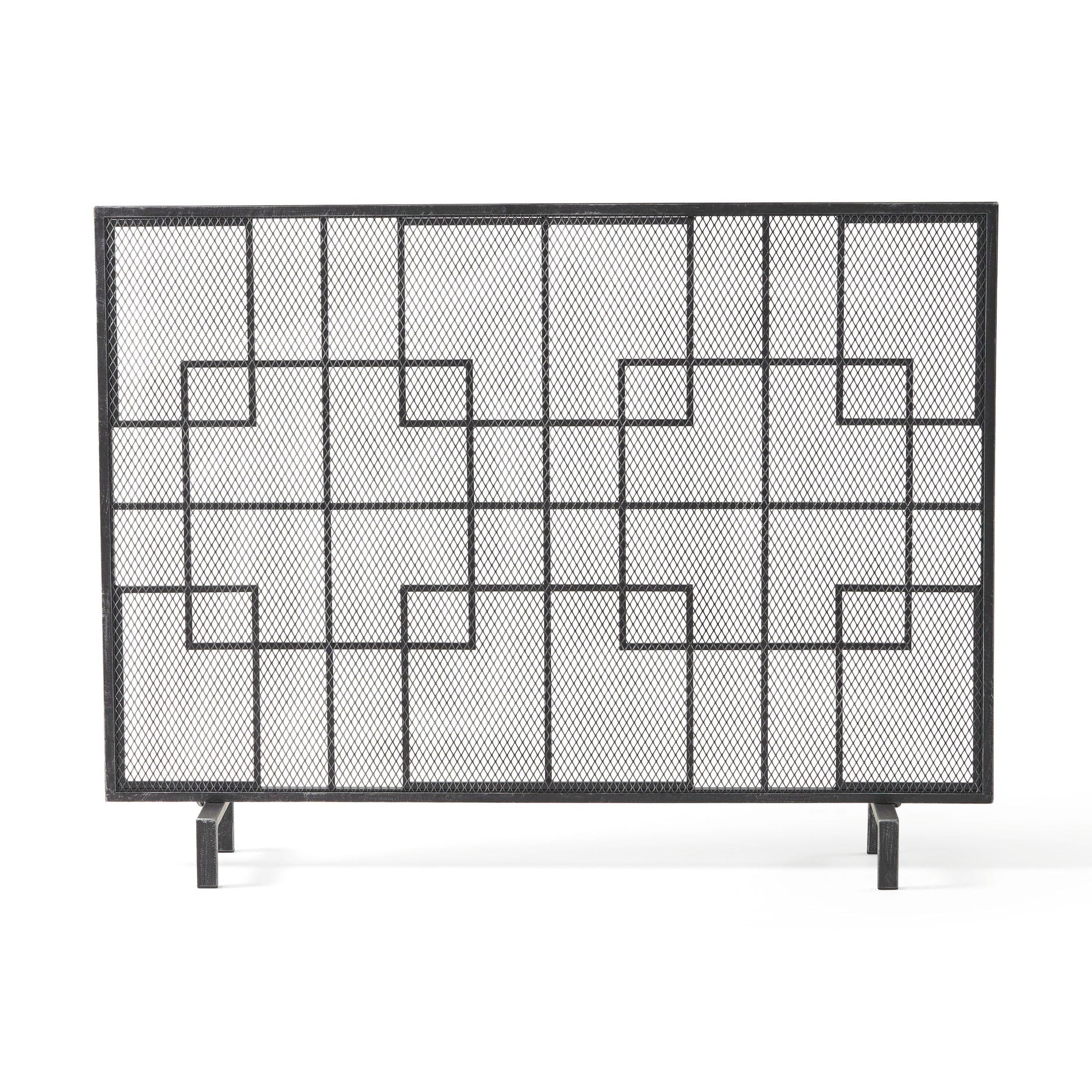 Dorothy Modern Single Panel Iron Fire Screen with Geometric Pattern, Black Sliver