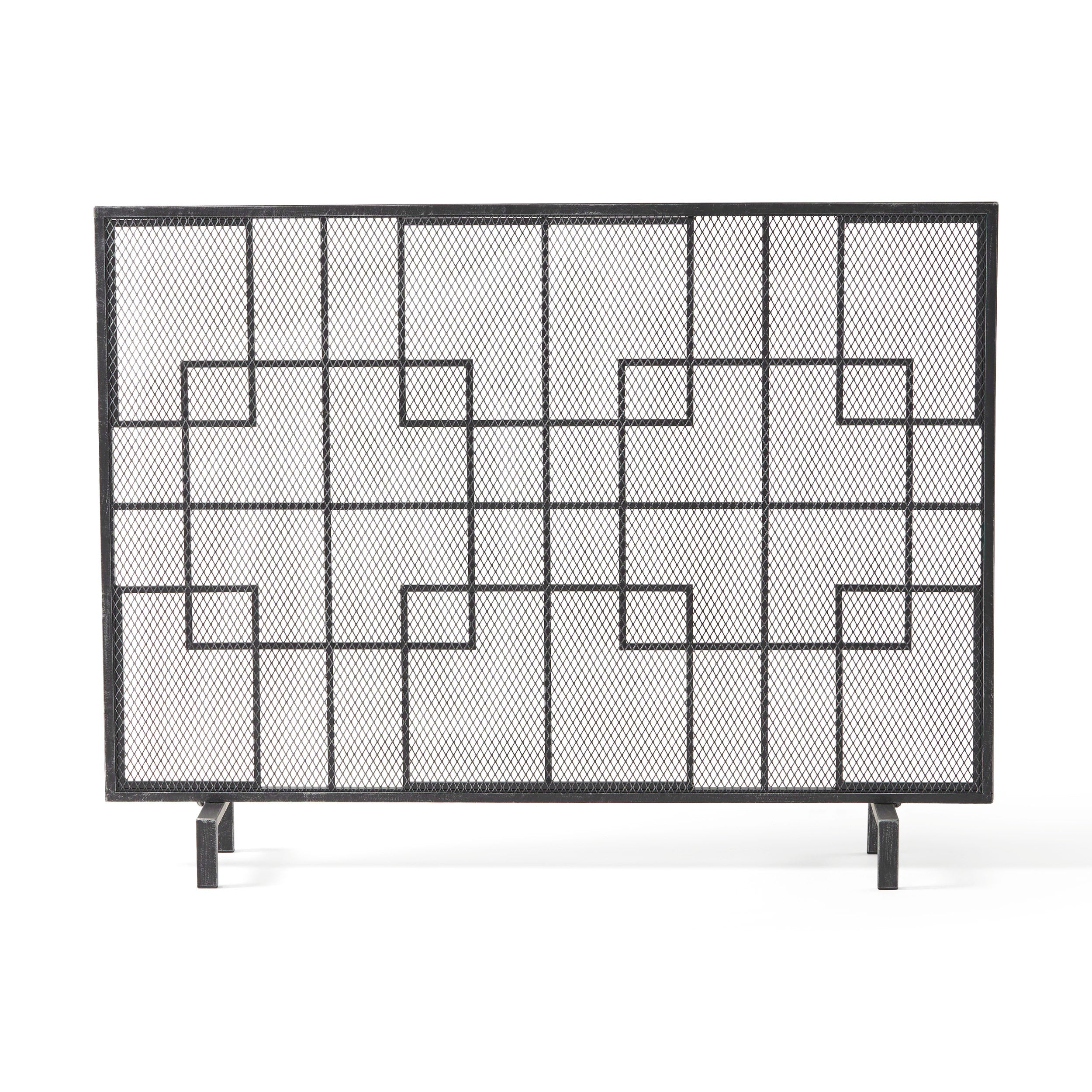Dorothy Modern Single Panel Iron Fire Screen with Geometric Pattern, Black Sliver