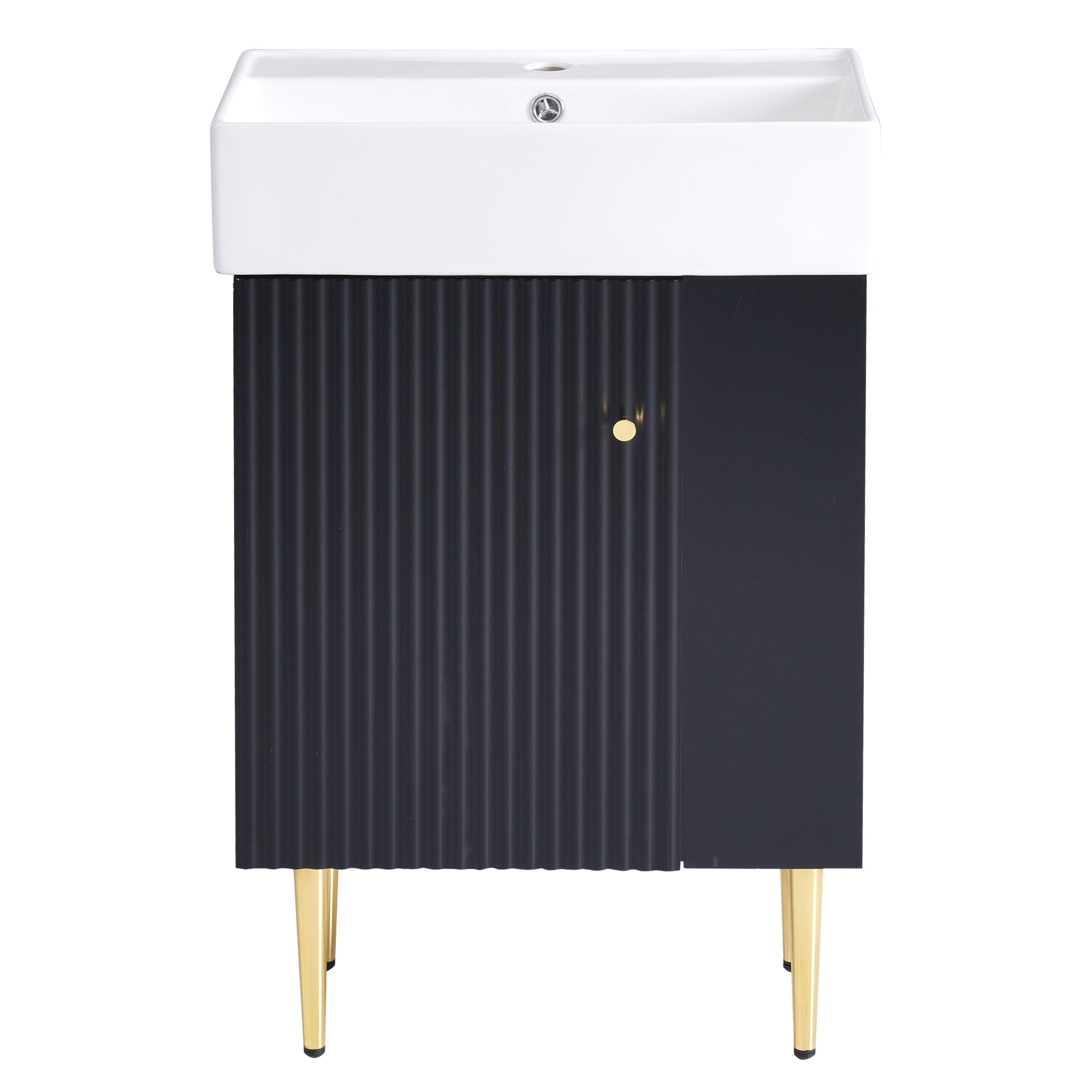 21.6' Black Modern Bathroom Vanity with Ceramic Sink, Right Side Storage, MDF Cabinet, Gold Metal Legs