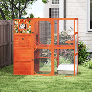 70' H Large Outdoor Cat Enclosure, 4-Tier Window Design Outdoor Cat Catio with Weatherproof Roof, 2 Resting Rooms, 2 Platforms, Orange with Colorful Patterns