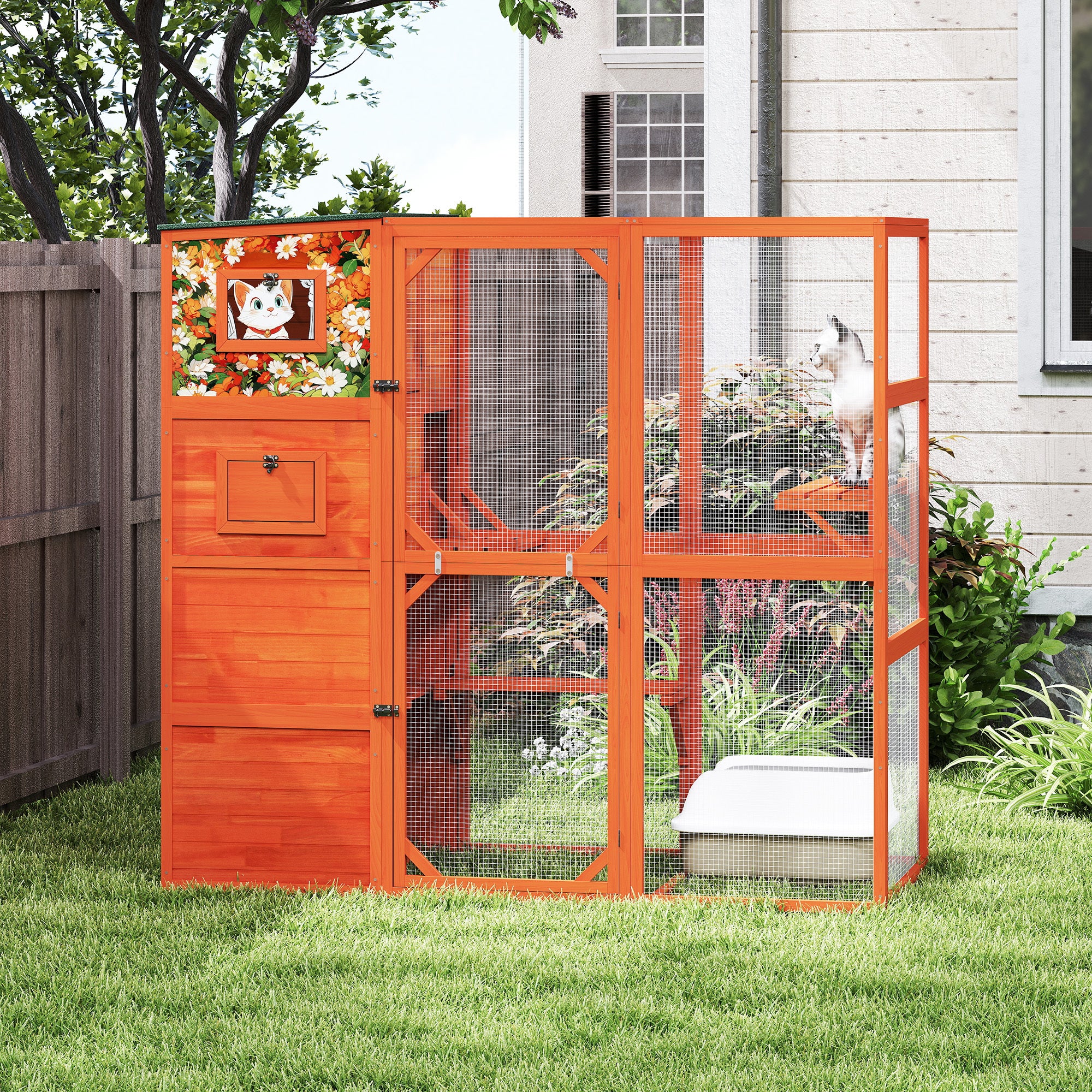 70' H Large Outdoor Cat Enclosure, 4-Tier Window Design Outdoor Cat Catio with Weatherproof Roof, 2 Resting Rooms, 2 Platforms, Orange with Colorful Patterns