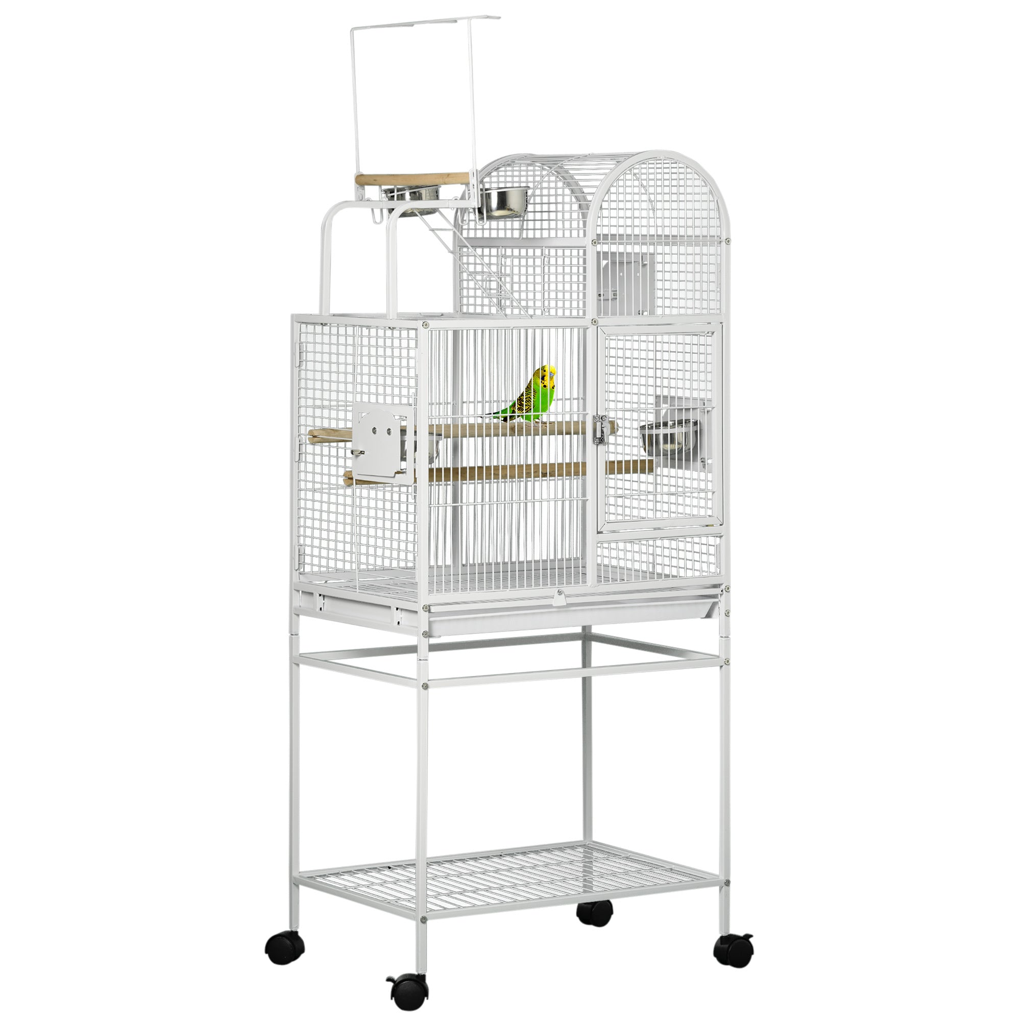PawHut 55' Large Parrot Cage with Toy Hooks Above Top Bird Perch, Tray, Food Cups, Rolling Stand, Bird Cage for Cockatiels, Parakeets, Lovebirds