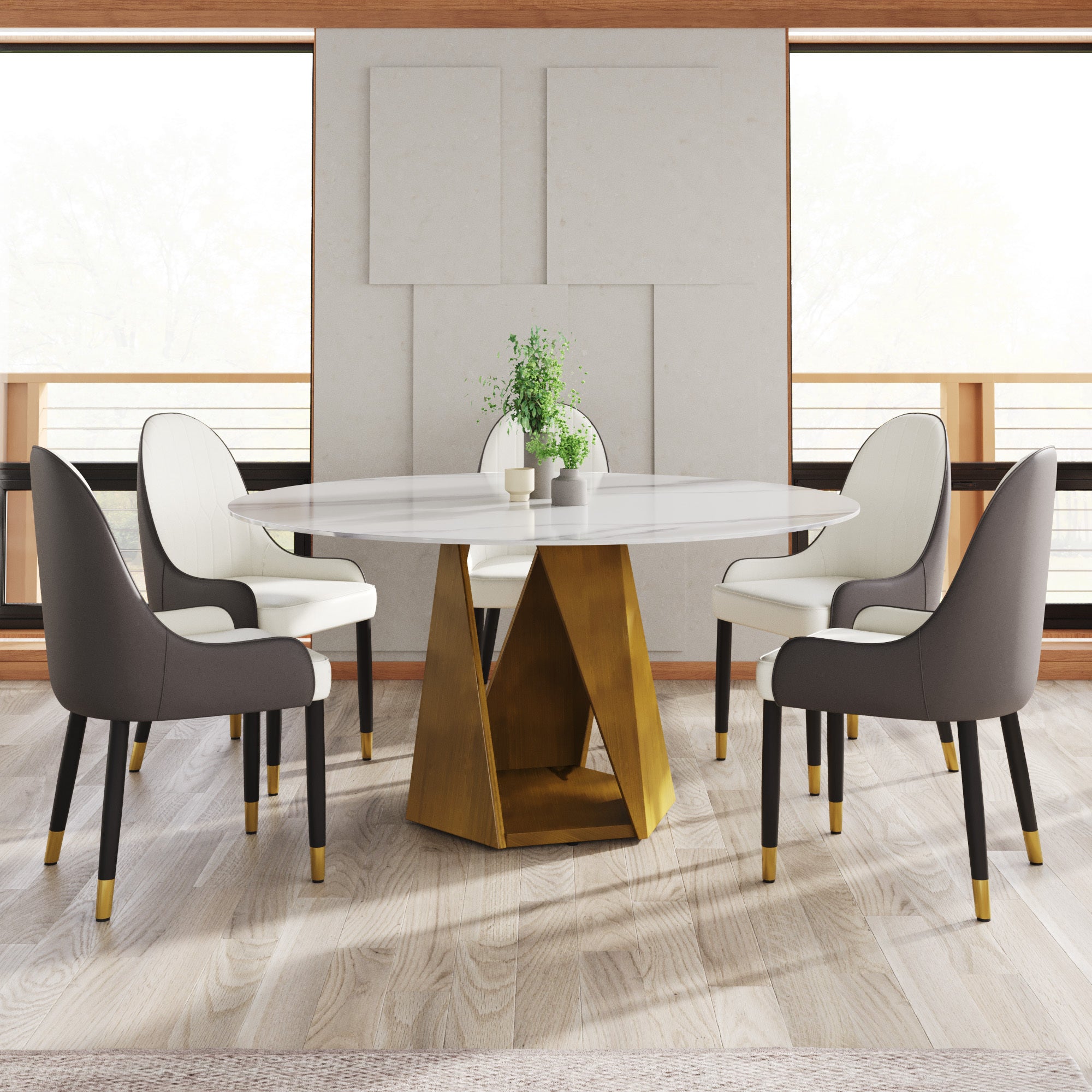 59.05' Round Marble Dining Table with Bronze Iron Metal Base, Artificial Marble for 6-8 People, Dining Room/Living Room Kitchen Dining Table,White (Dining Table Only)