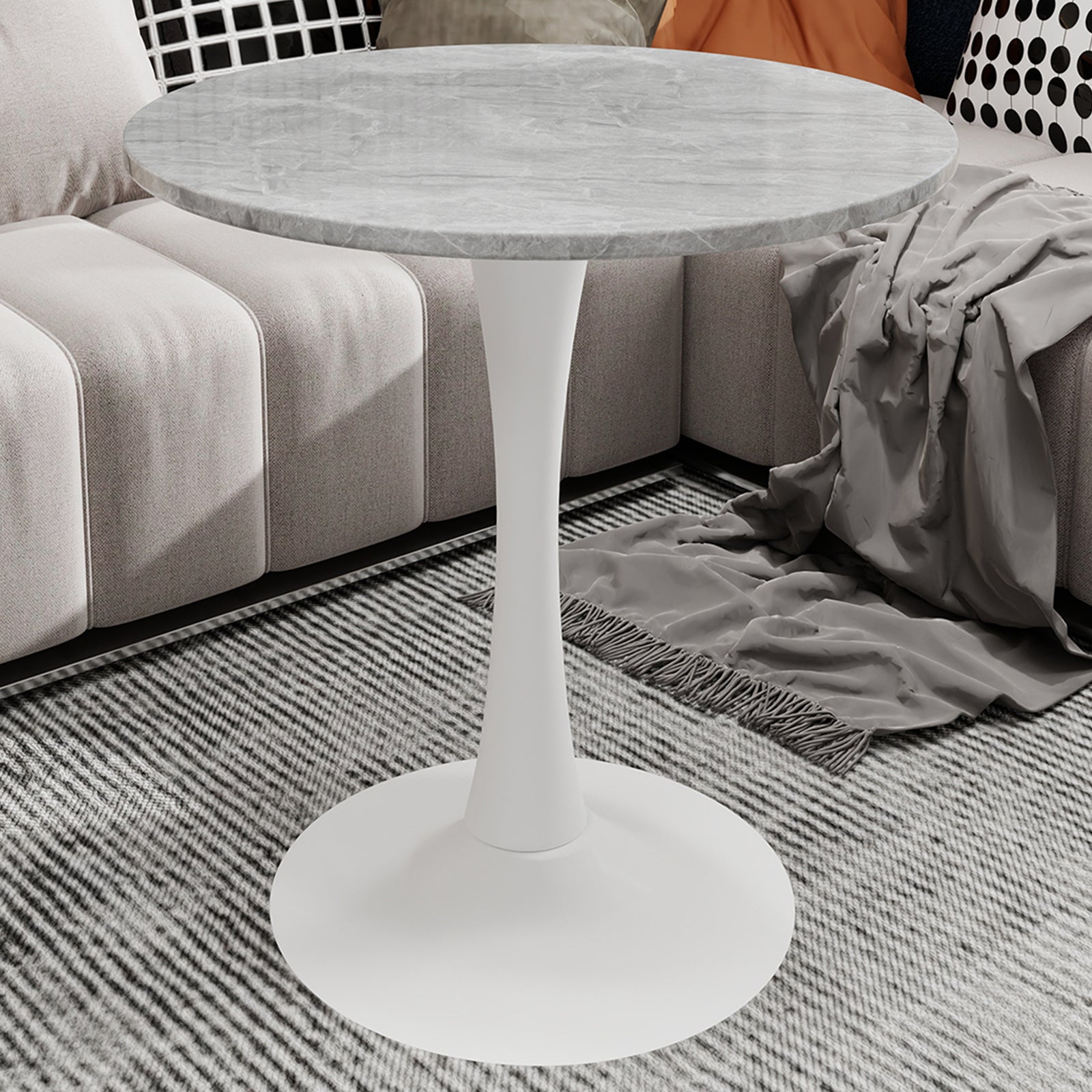 27.6-inch white coffee table, mid-century modern style dining table, suitable for 2-4 people, featuring a round light gray veined marble tabletop, perfect for various settings.