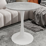 27.6-inch white coffee table, mid-century modern style dining table, suitable for 2-4 people, featuring a round light gray veined marble tabletop, perfect for various settings.
