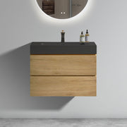 U091-Alice30W-106 Alice 30' Natural Oak Bathroom Vanity with Sink, Large Storage Wall Mounted Floating Bathroom Vanity for Modern Bathroom, One-Piece Black Sink Basin WITHOUT Drain, Pre-assembled