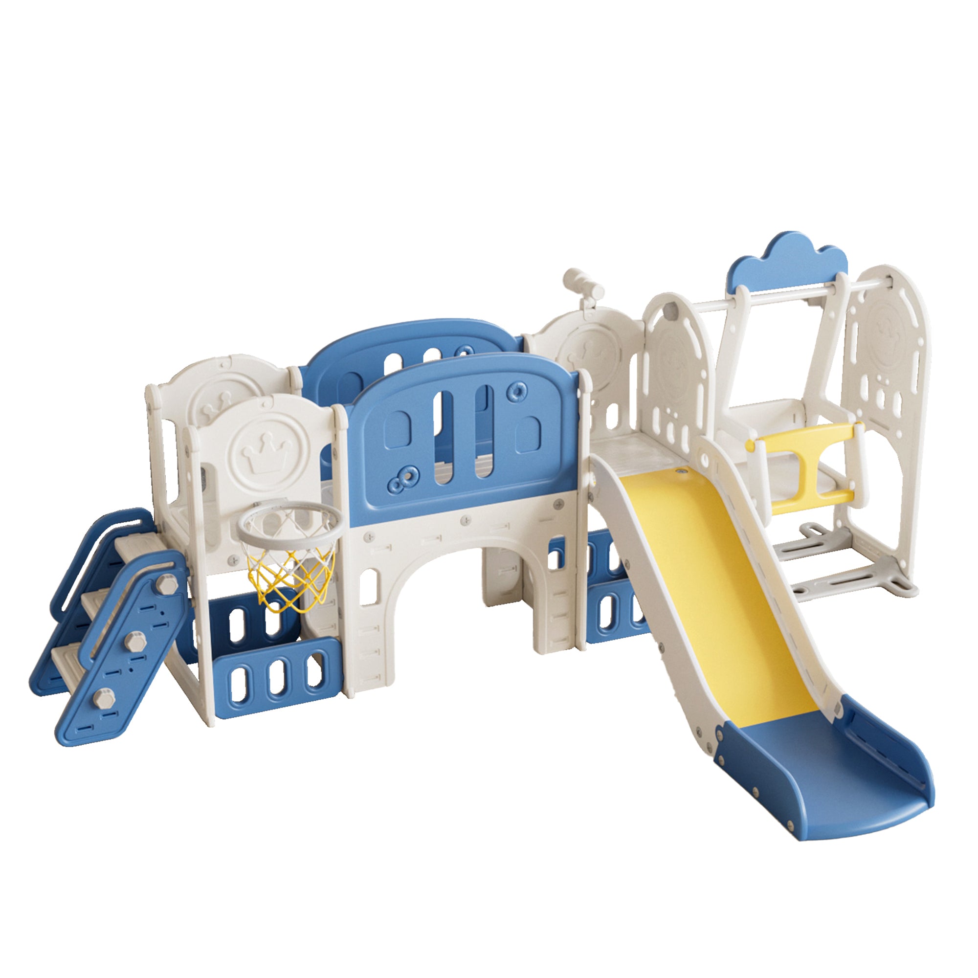 Toddler Slide Kids Playground with Basketball Hoop and Swing Blue Yellow Polyethylene 116.54in