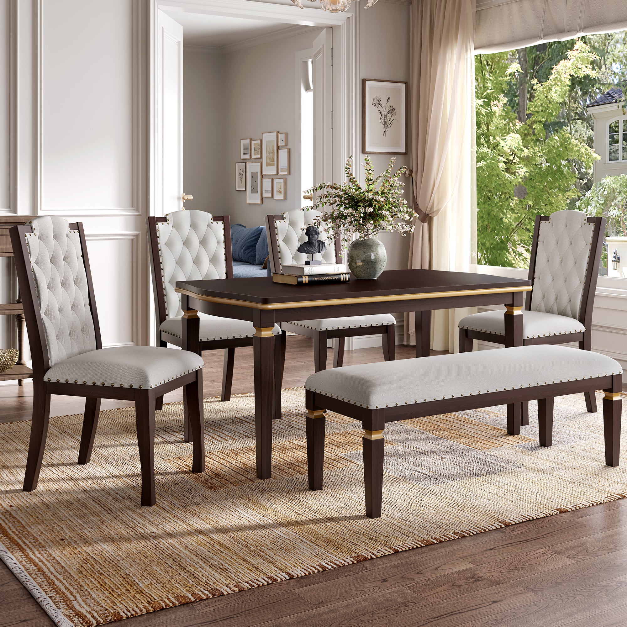 6-Piece Kitchen Dining Table Set, 60' Rectangular Table and 4 High-Back Tufted Chairs & 1 Bench for Dining Room and Kitchen (Espresso)(OLD SKU: N752S000080)