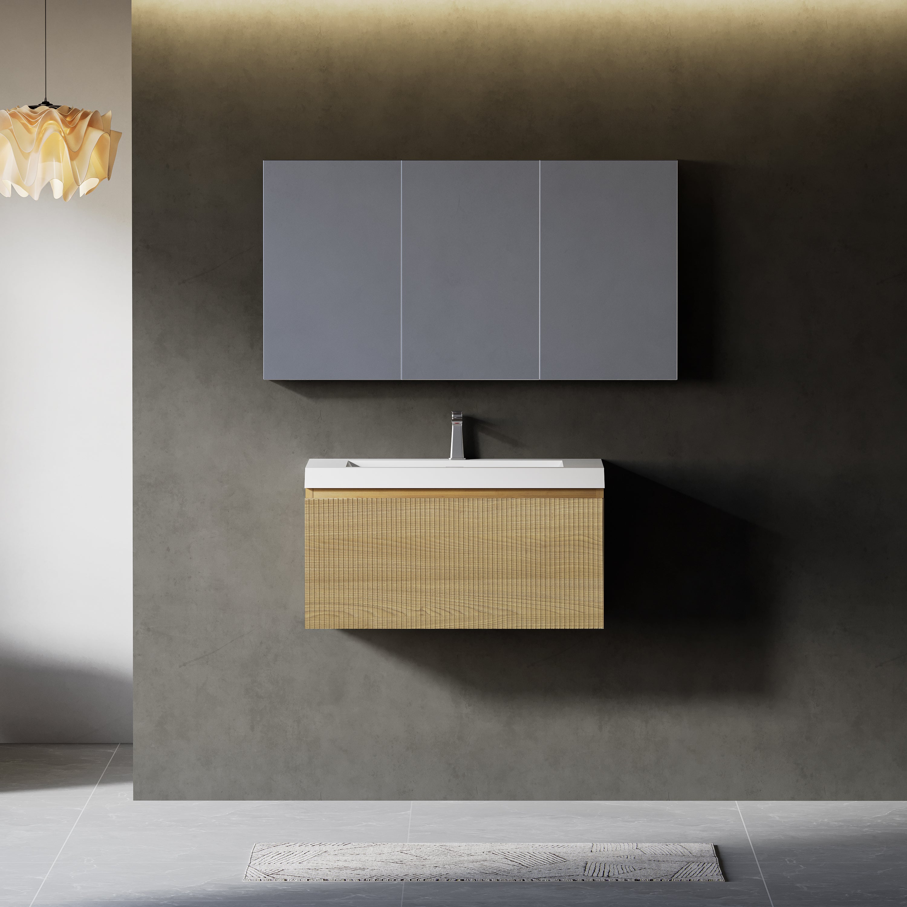 30'' Floating Bathroom Vanity with Sink Combo, Modern Wall-Mounted Striped Bathroom Storage Cabinet with Soft-Close Drawer and Glossy White Solid Surface Basin, Natural Oak 24V16-30NOW
