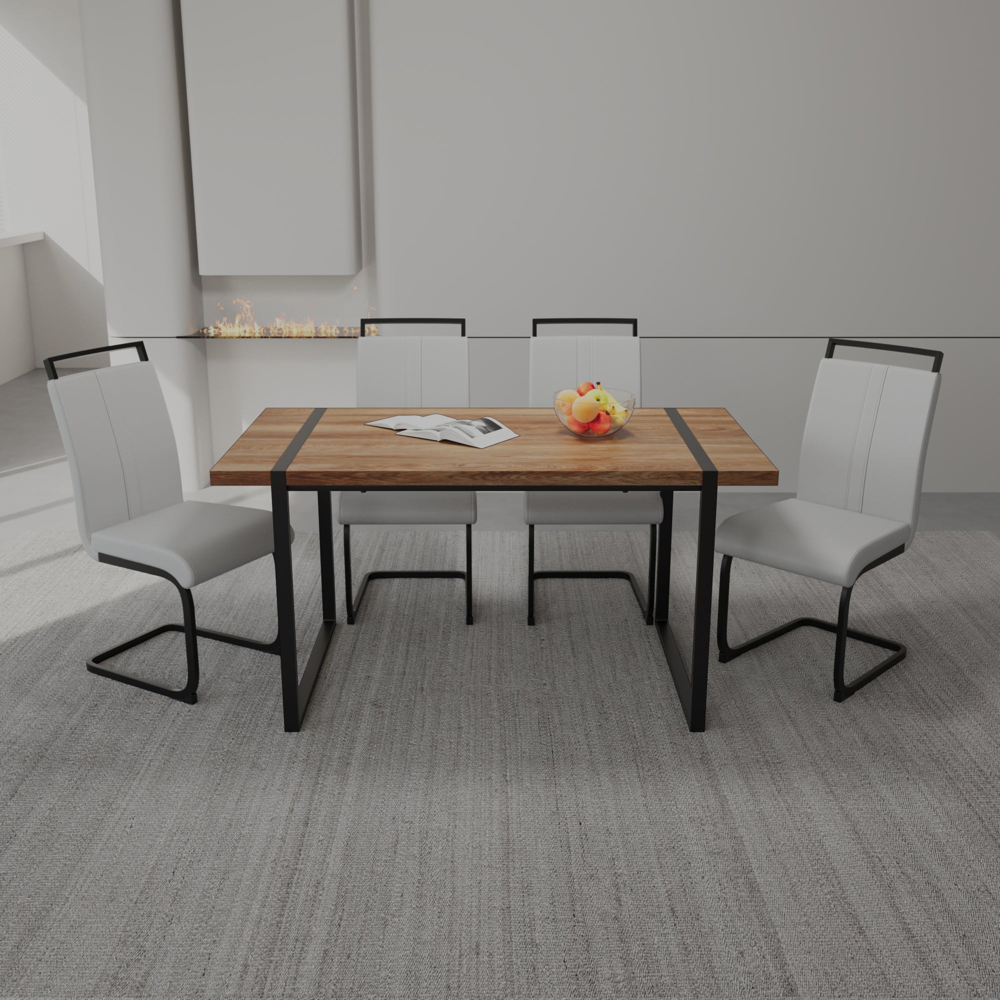 59 ' Dining Table Rural Industrial Rectangular MDF Wood Color Set and PU Armless Dining Chair Set 4. Kitchen Black Metal Table Leg Dining Chair Set