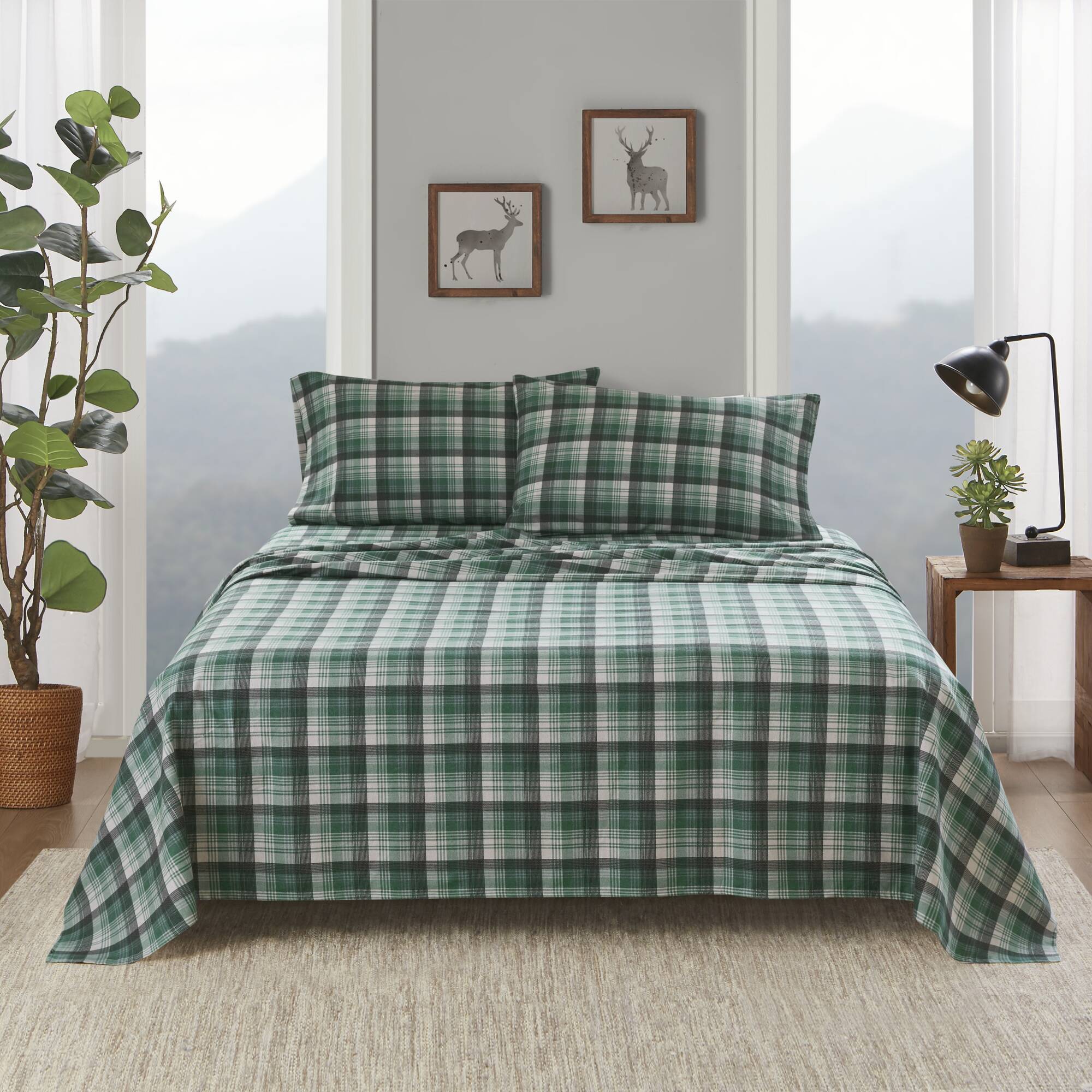4 PCS Cal King Sheet Set Green Plaid