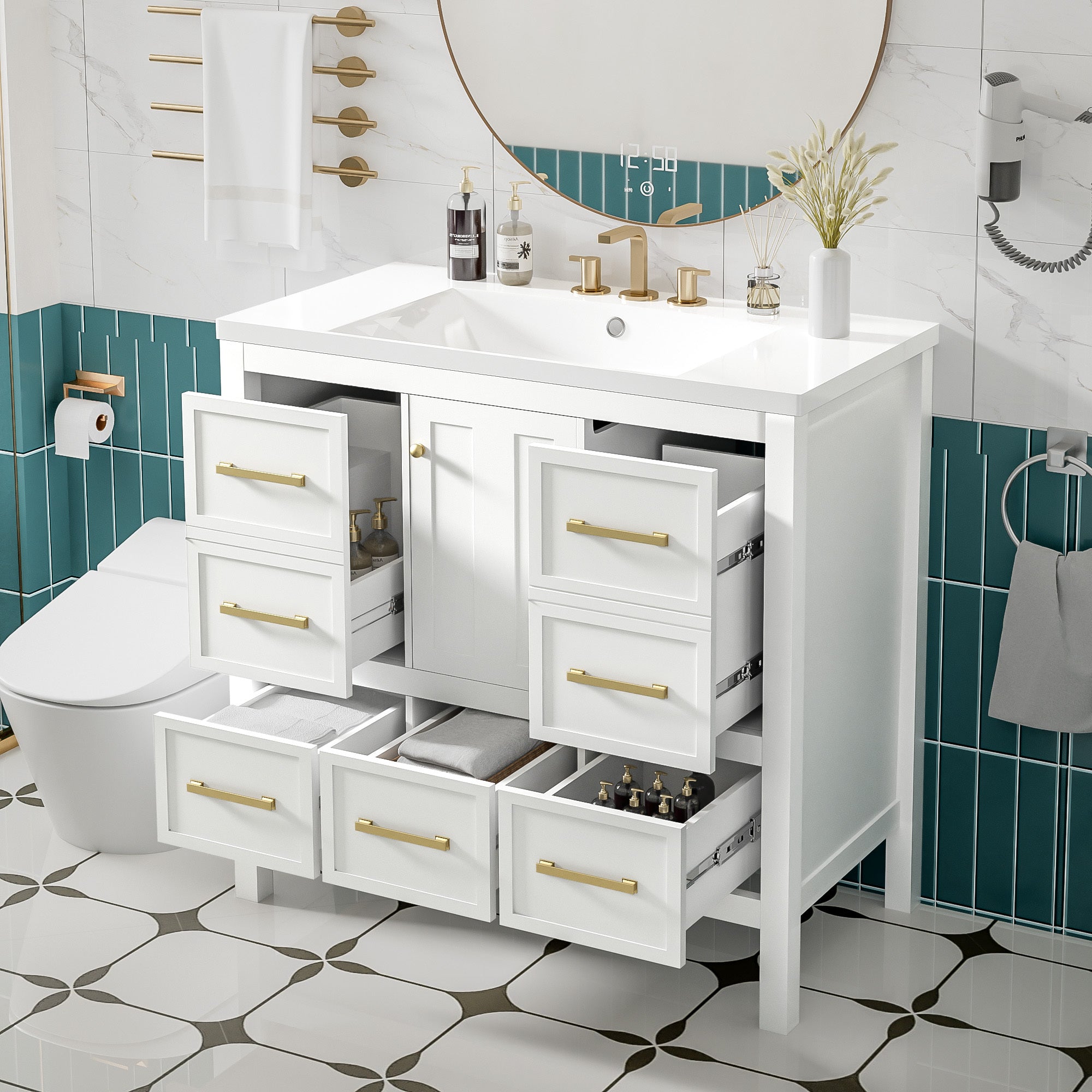 36'' Bathroom Vanity with Resin Sink Combo, Solid Wood Frame Bathroom Storage Cabinet, Freestanding Vanity Set with 5 Drawers& Soft Closing Doors