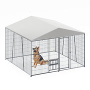10 x 10-FT heavy-duty outdoor dog kennel with feeding bowl, full coverage waterproof roof, easy-to-assemble wire mesh fence with secure lock.